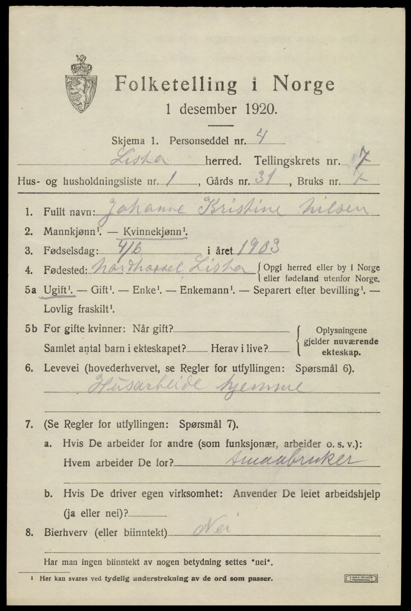 SAK, 1920 census for Lista, 1920, p. 6973