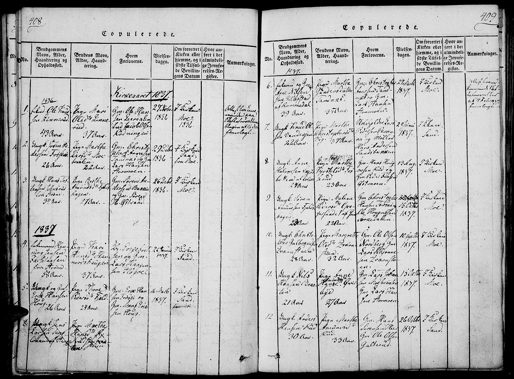 Nord-Odal prestekontor, AV/SAH-PREST-032/H/Ha/Haa/L0001: Parish register (official) no. 1, 1819-1838, p. 408-409