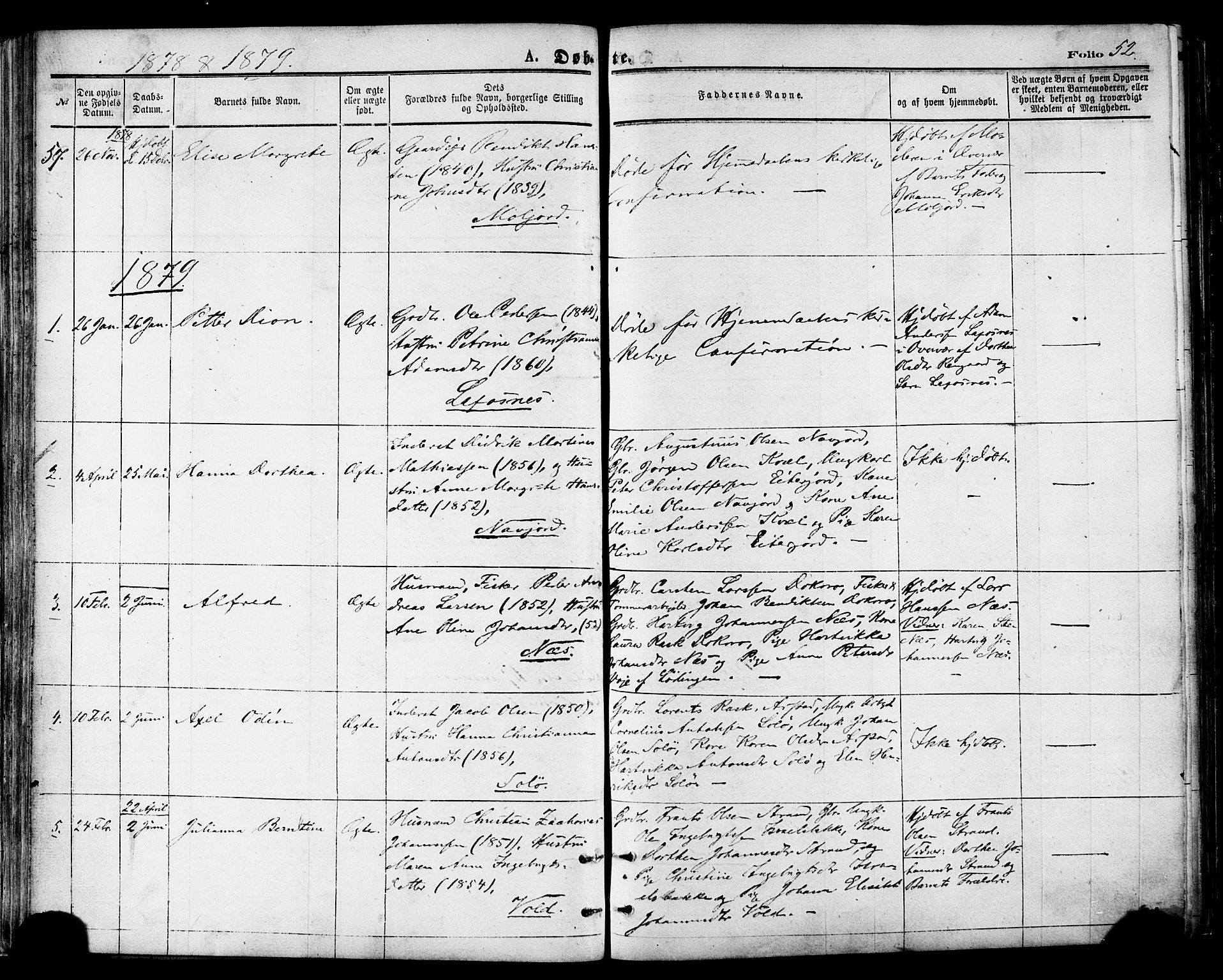 Ministerialprotokoller, klokkerbøker og fødselsregistre - Nordland, SAT/A-1459/846/L0645: Parish register (official) no. 846A03, 1872-1886, p. 52