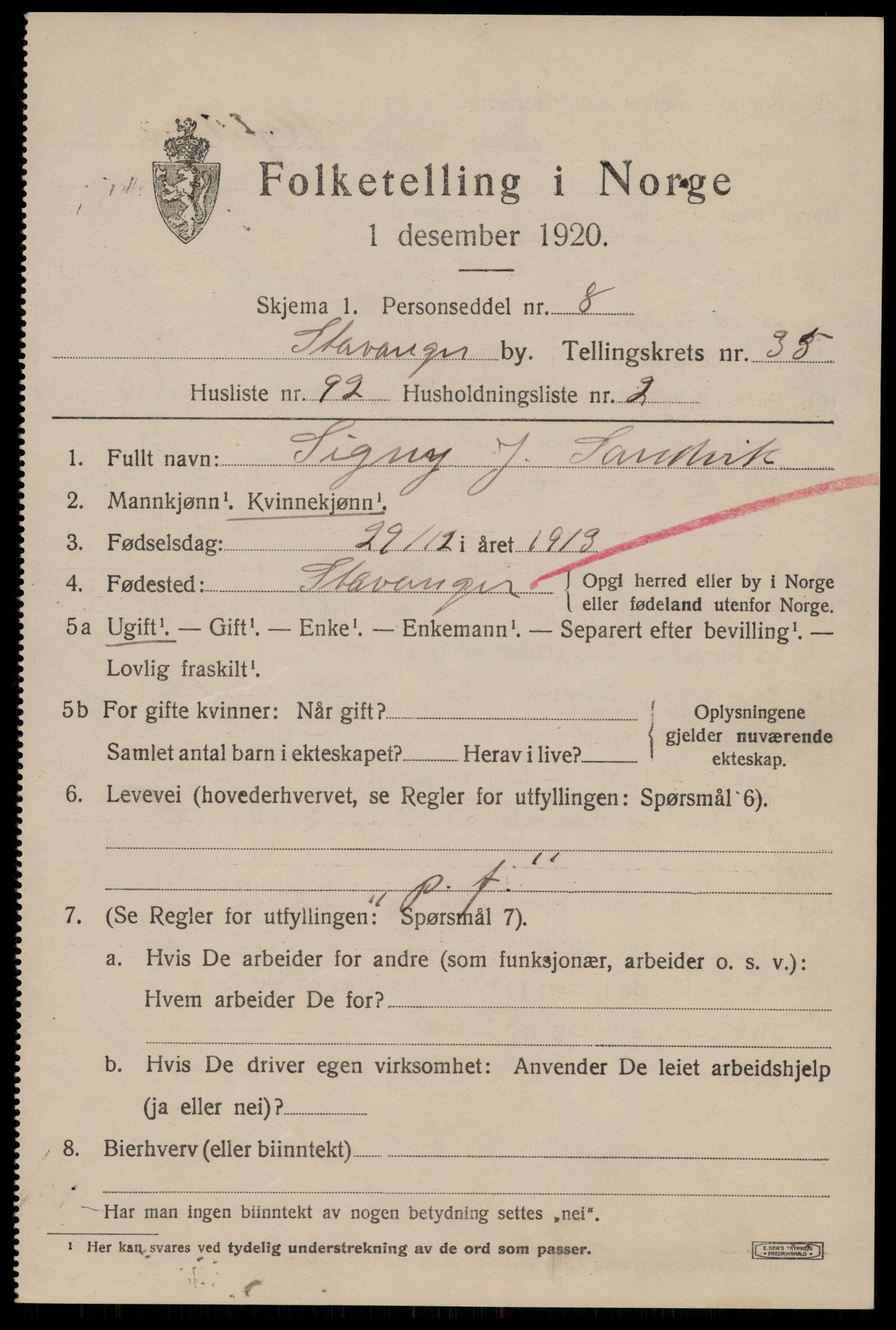 SAST, 1920 census for Stavanger, 1920, p. 95264