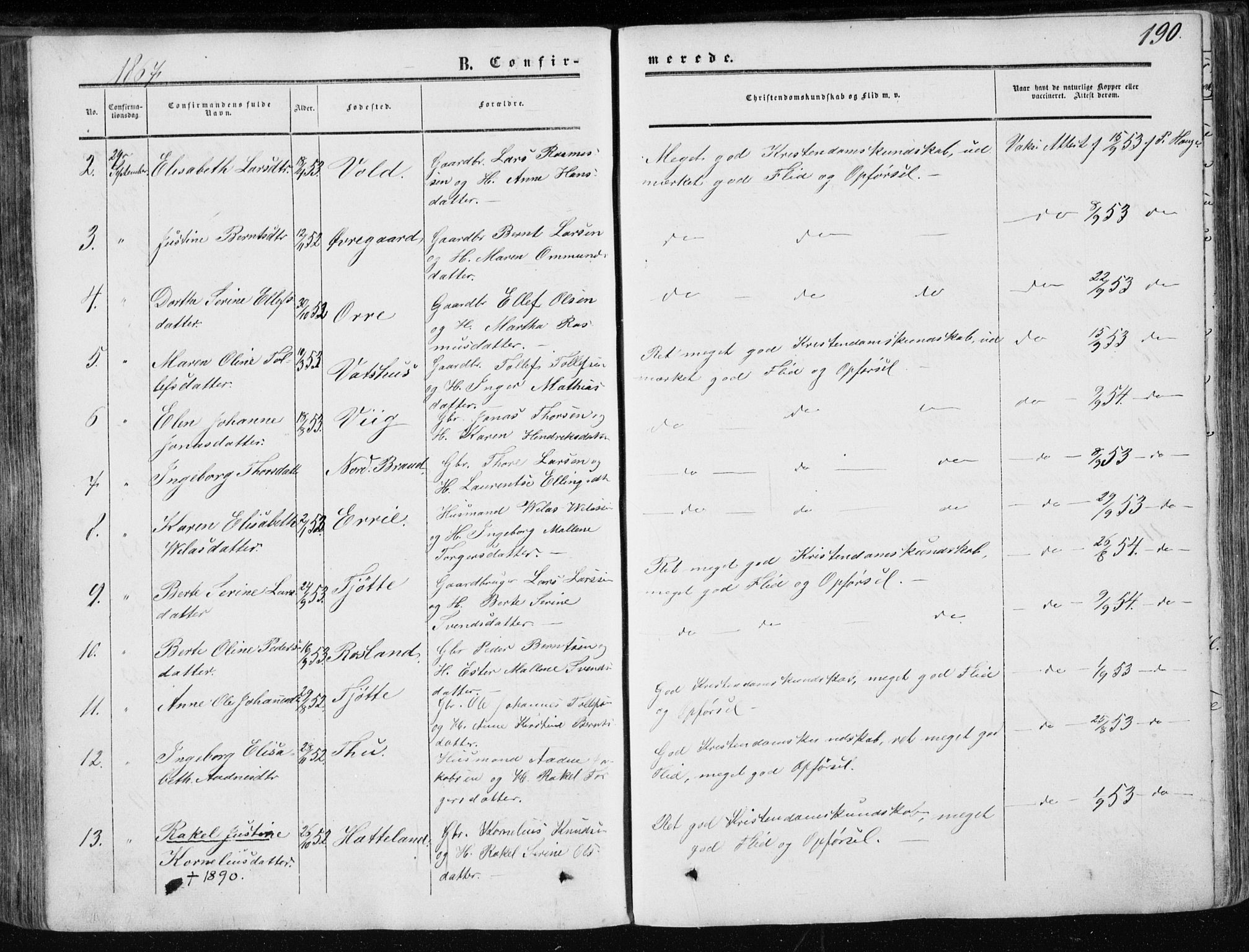 Klepp sokneprestkontor, AV/SAST-A-101803/001/3/30BA/L0005: Parish register (official) no. A 5, 1853-1870, p. 190