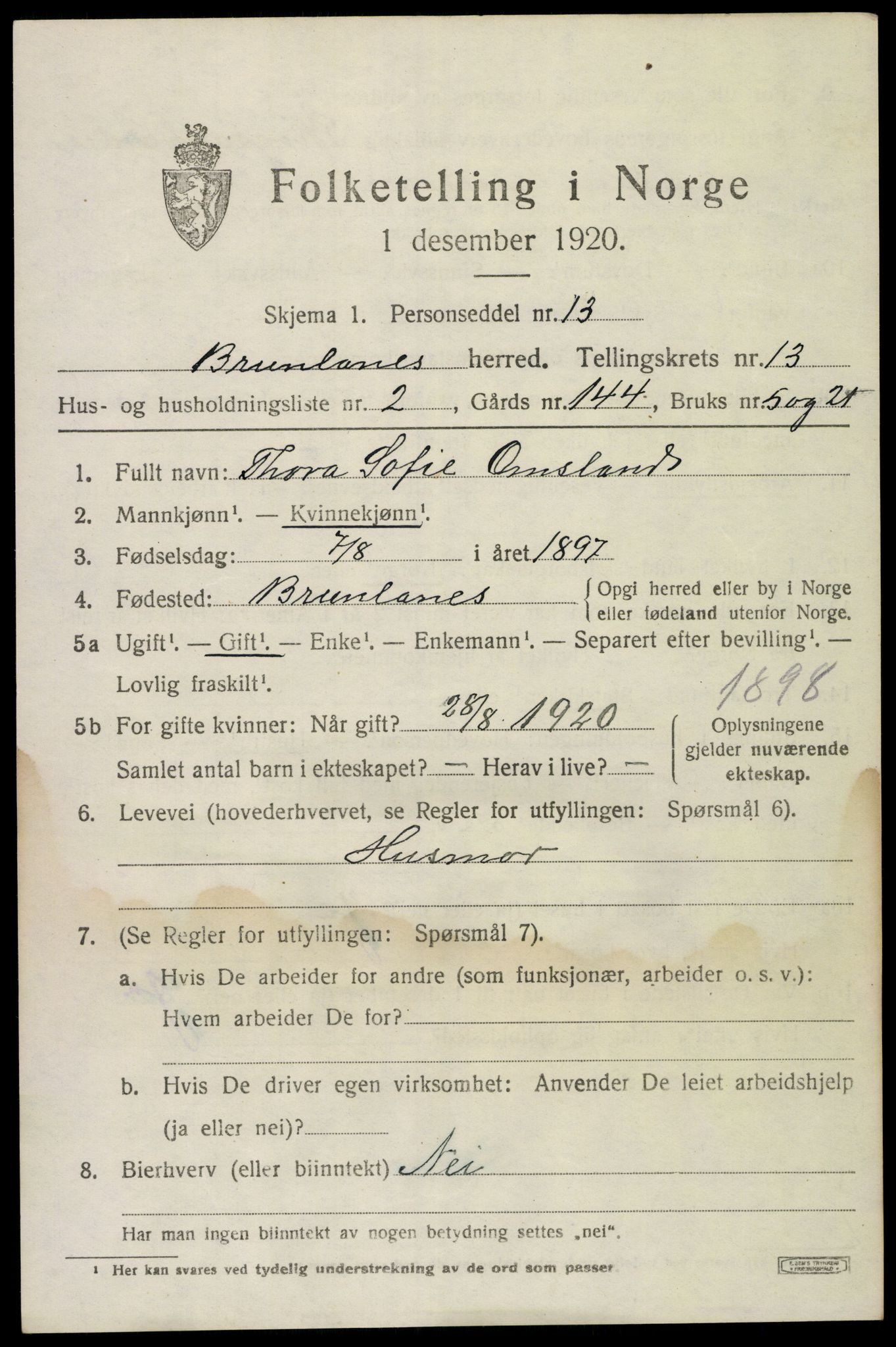 SAKO, 1920 census for Brunlanes, 1920, p. 10823