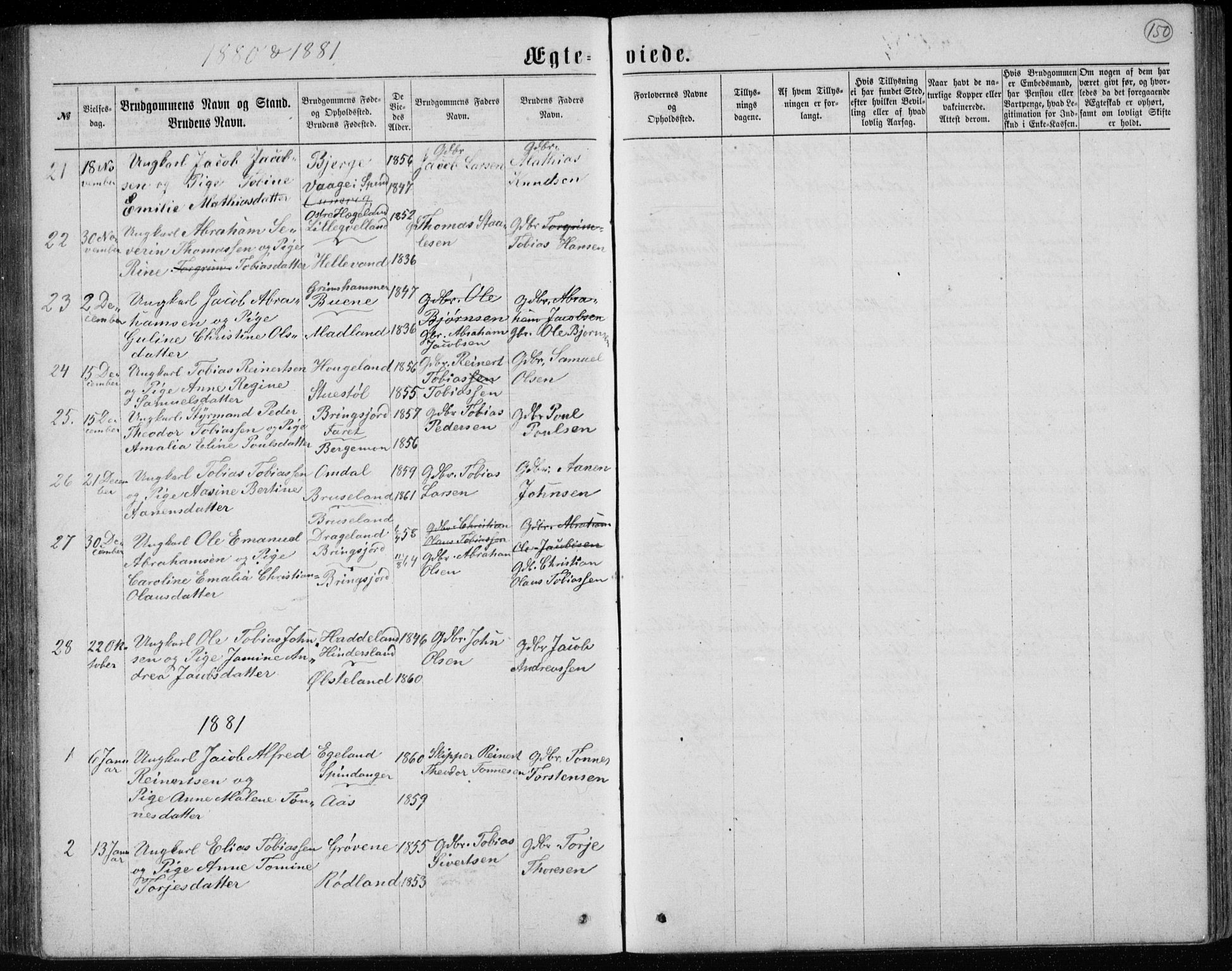 Lyngdal sokneprestkontor, AV/SAK-1111-0029/F/Fb/Fbc/L0004: Parish register (copy) no. B 4, 1878-1896, p. 150