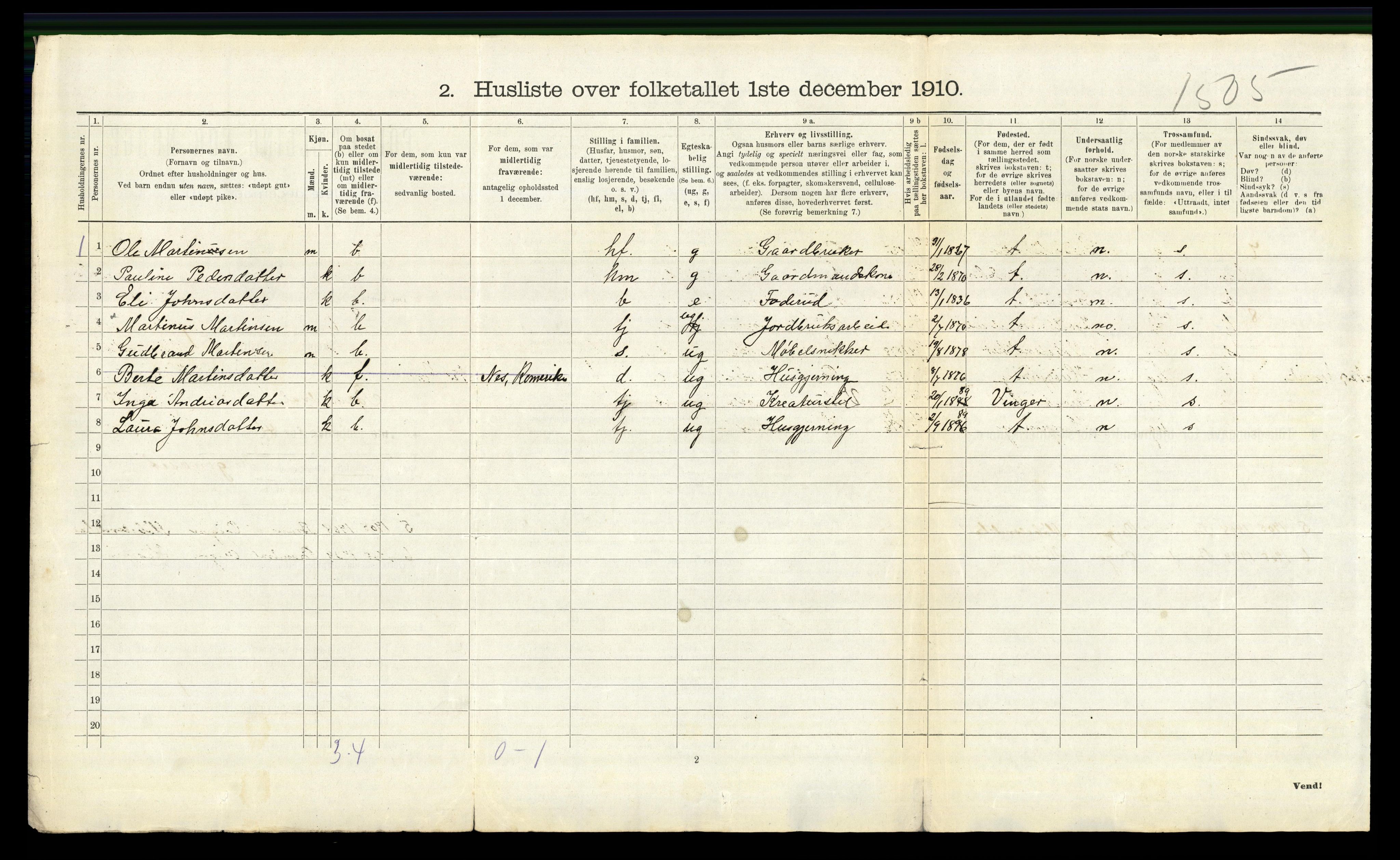 RA, 1910 census for Brandval, 1910, p. 580