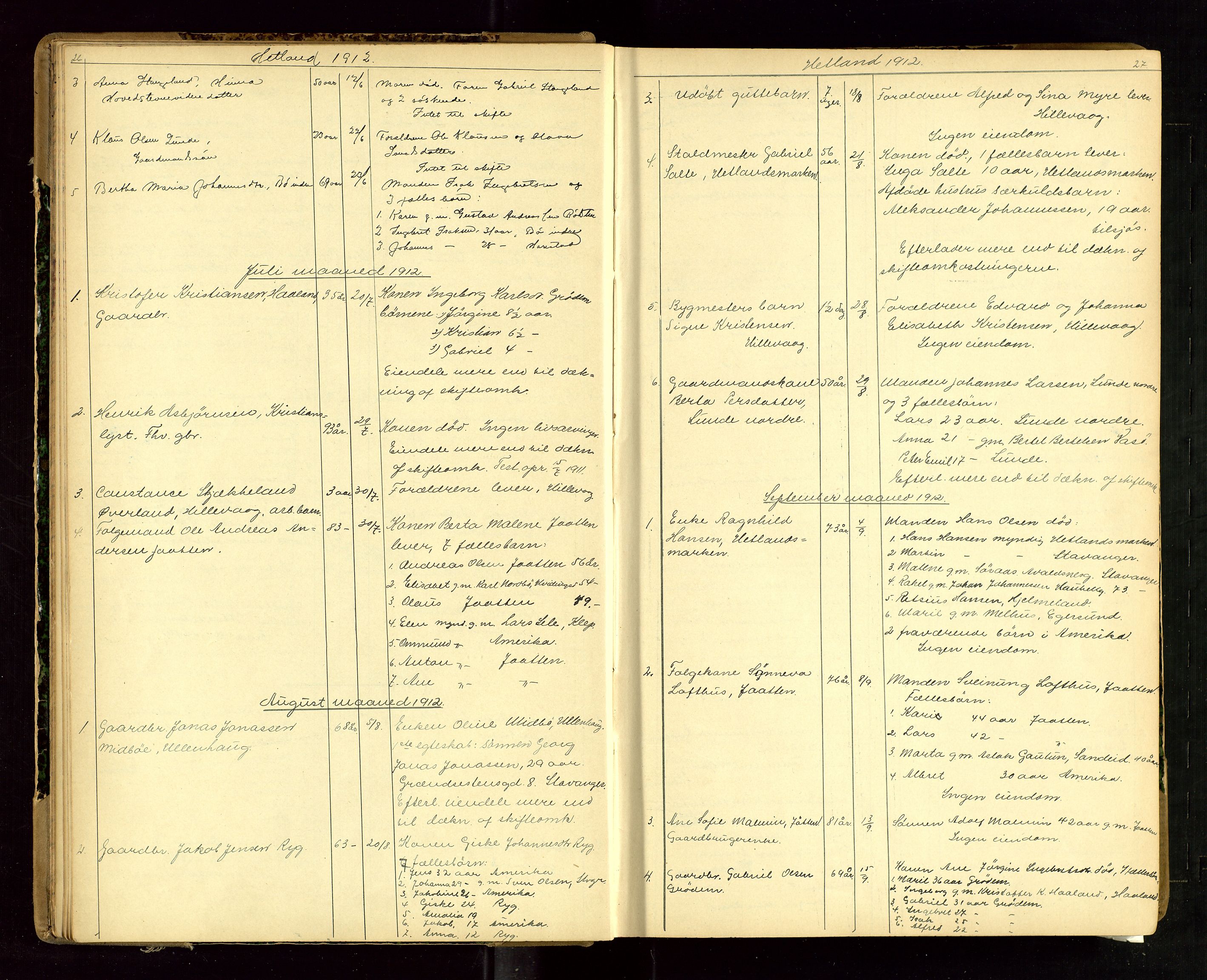 Jæren sorenskriveri, AV/SAST-A-100310/01/5/52/52B/L0003: DØDSFALLPROTOKOLL, 1910-1916, p. 26-27