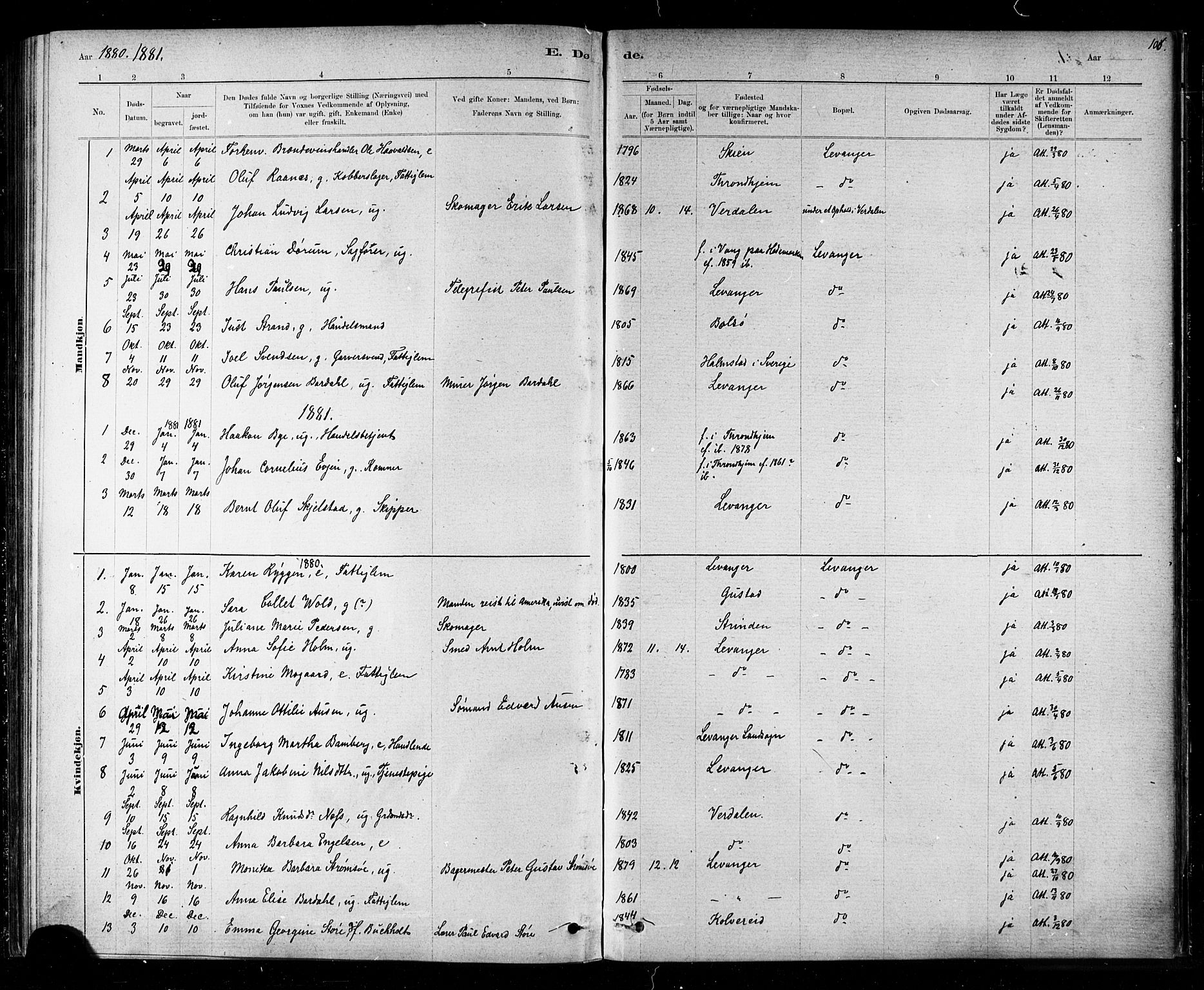 Ministerialprotokoller, klokkerbøker og fødselsregistre - Nord-Trøndelag, AV/SAT-A-1458/720/L0192: Parish register (copy) no. 720C01, 1880-1917, p. 106