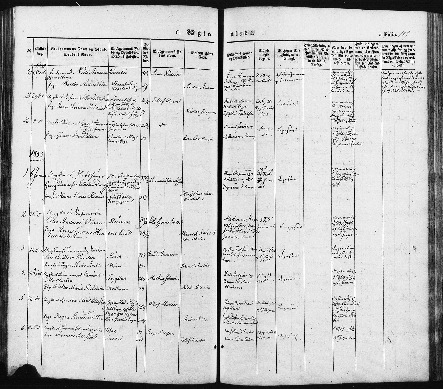 Oddernes sokneprestkontor, SAK/1111-0033/F/Fa/Faa/L0007: Parish register (official) no. A 7, 1851-1863, p. 147