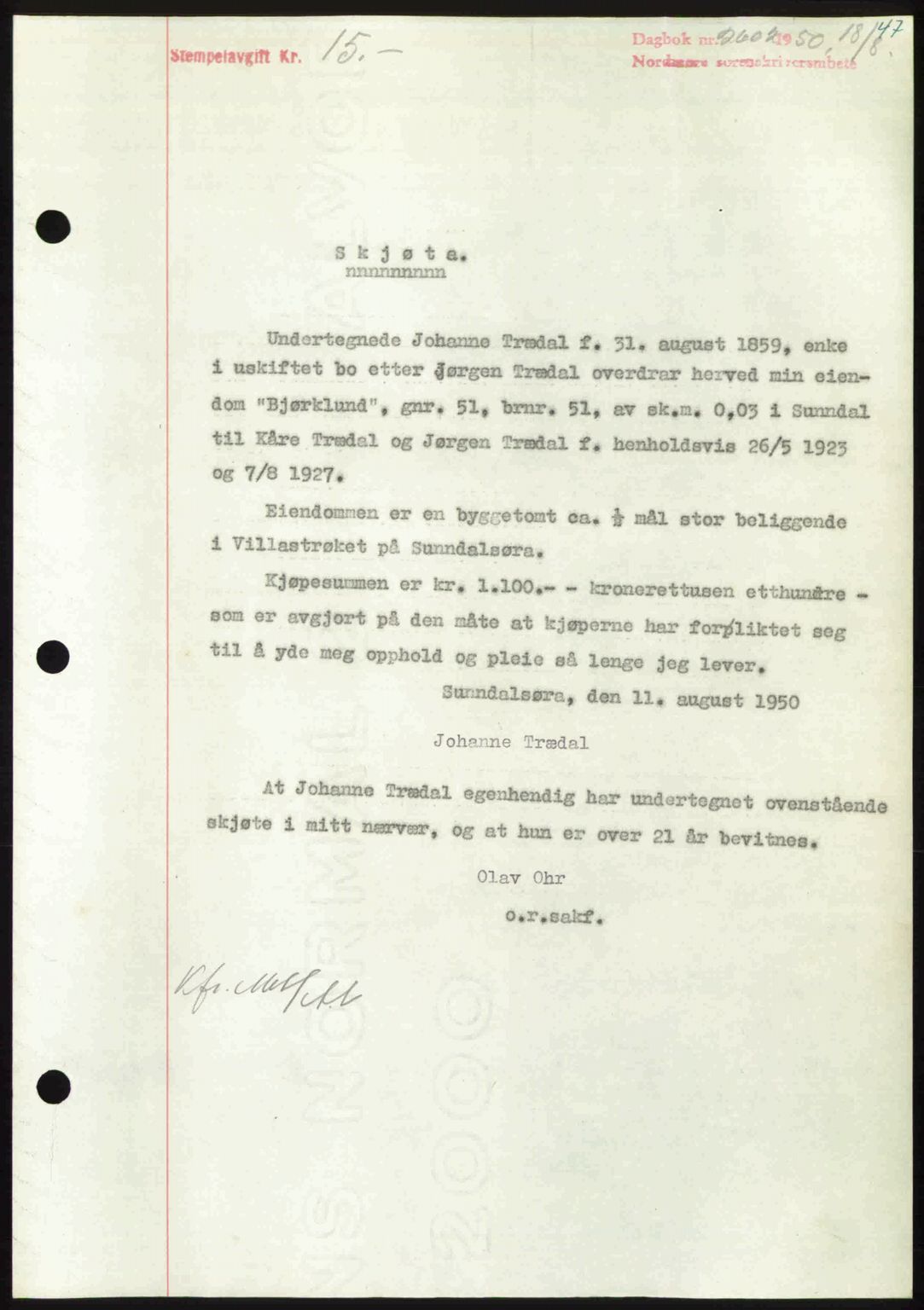 Nordmøre sorenskriveri, AV/SAT-A-4132/1/2/2Ca: Mortgage book no. A116, 1950-1950, Diary no: : 2602/1950