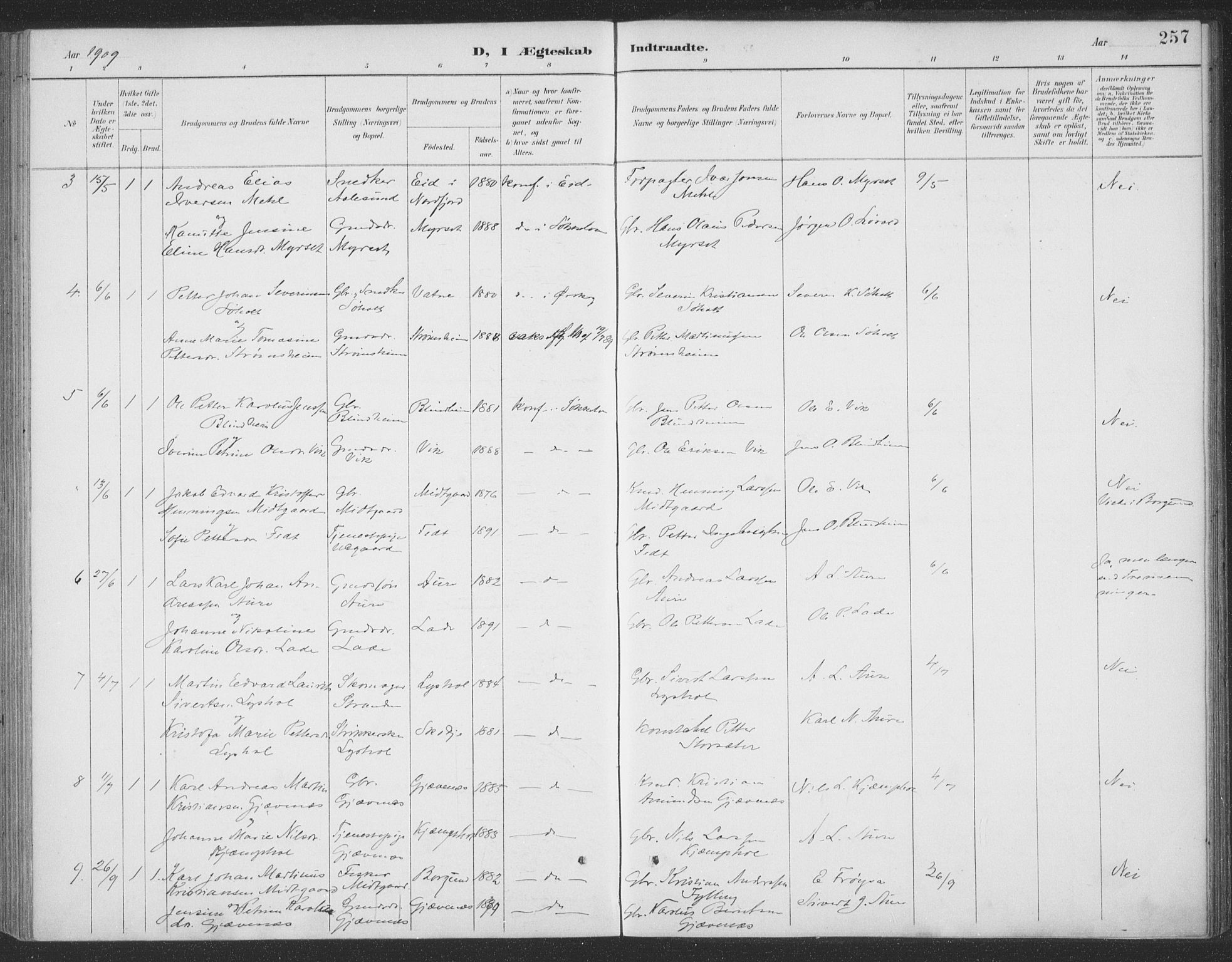 Ministerialprotokoller, klokkerbøker og fødselsregistre - Møre og Romsdal, AV/SAT-A-1454/523/L0335: Parish register (official) no. 523A02, 1891-1911, p. 257