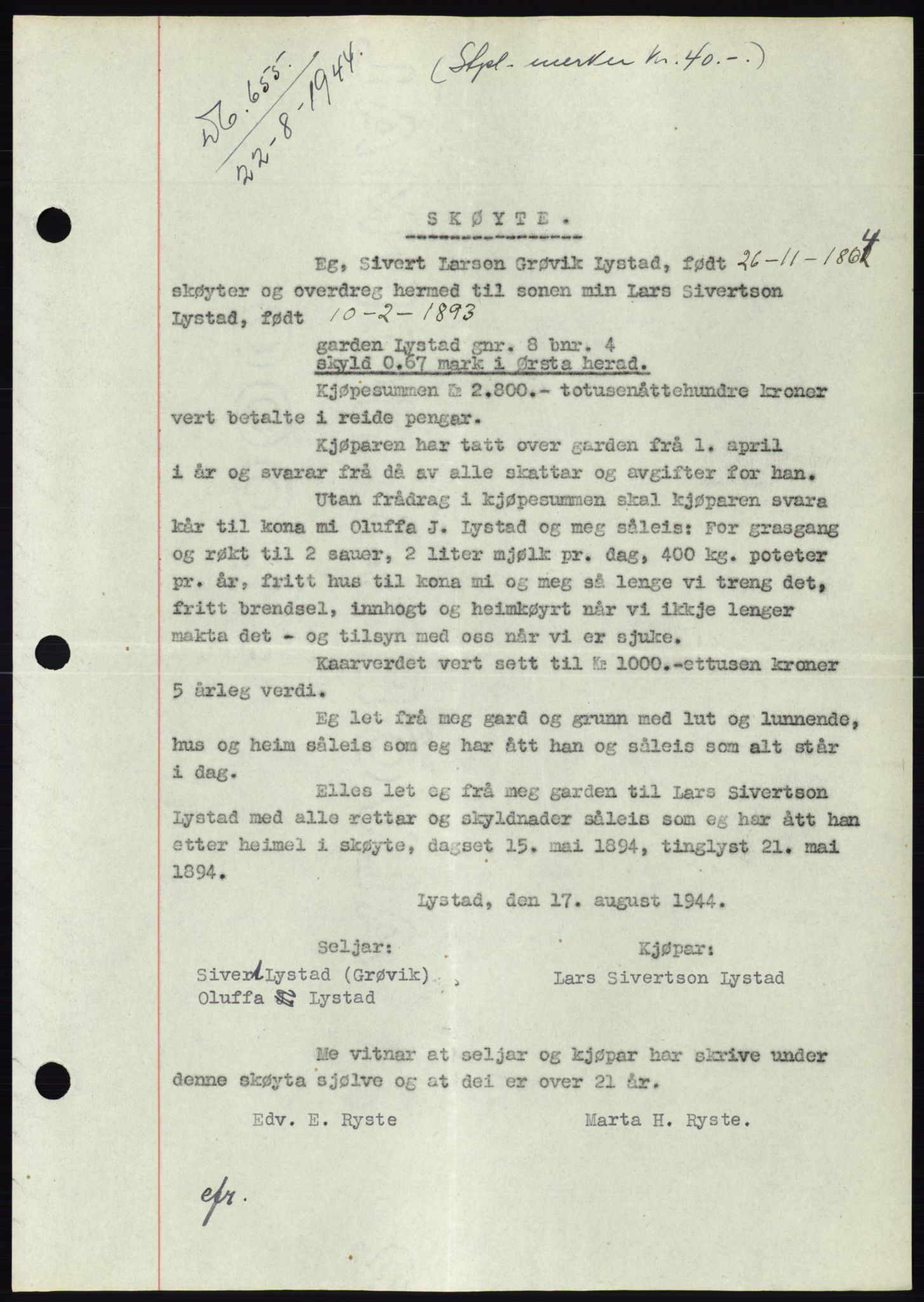 Søre Sunnmøre sorenskriveri, AV/SAT-A-4122/1/2/2C/L0076: Mortgage book no. 2A, 1943-1944, Diary no: : 655/1944