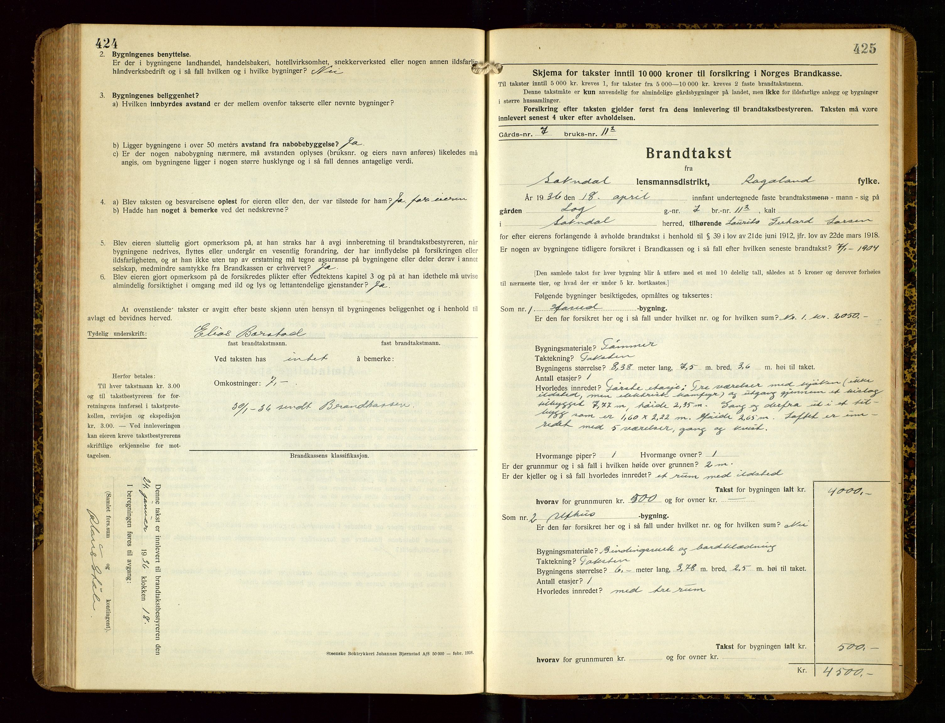 Sokndal lensmannskontor, SAST/A-100417/Gob/L0007: "Brandtakst-Protokoll", 1930-1936, p. 424-425