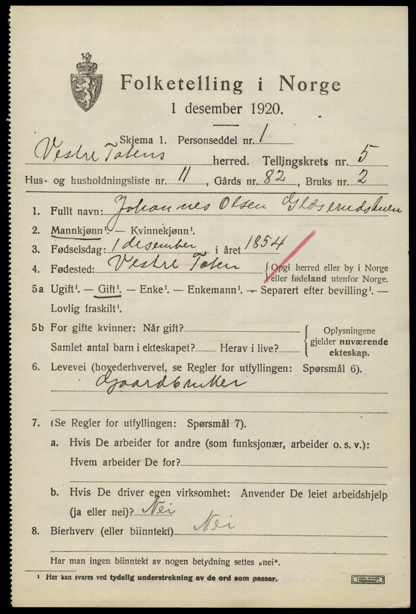 SAH, 1920 census for Vestre Toten, 1920, p. 7412