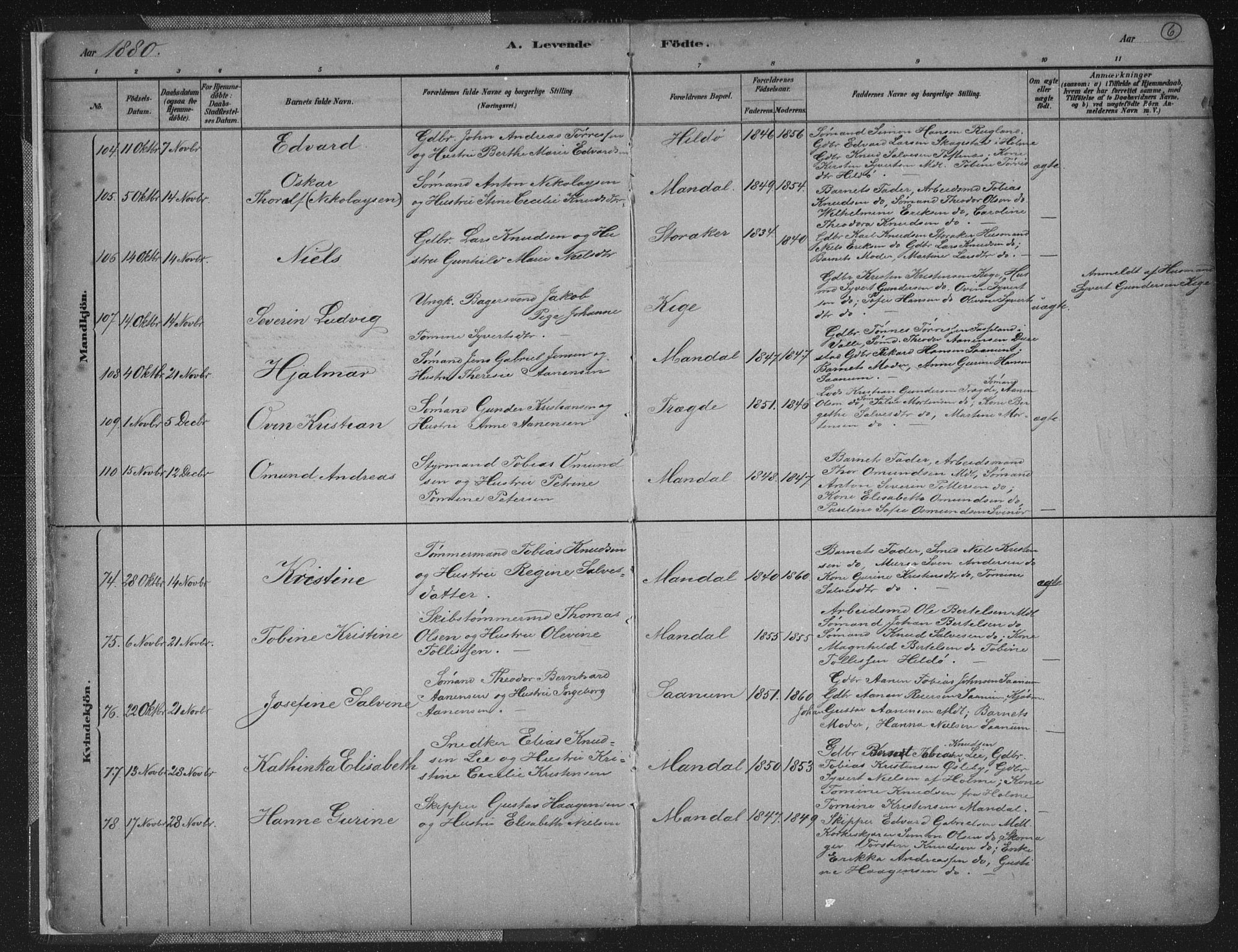 Mandal sokneprestkontor, SAK/1111-0030/F/Fb/Fba/L0011: Parish register (copy) no. B 5, 1880-1898, p. 6