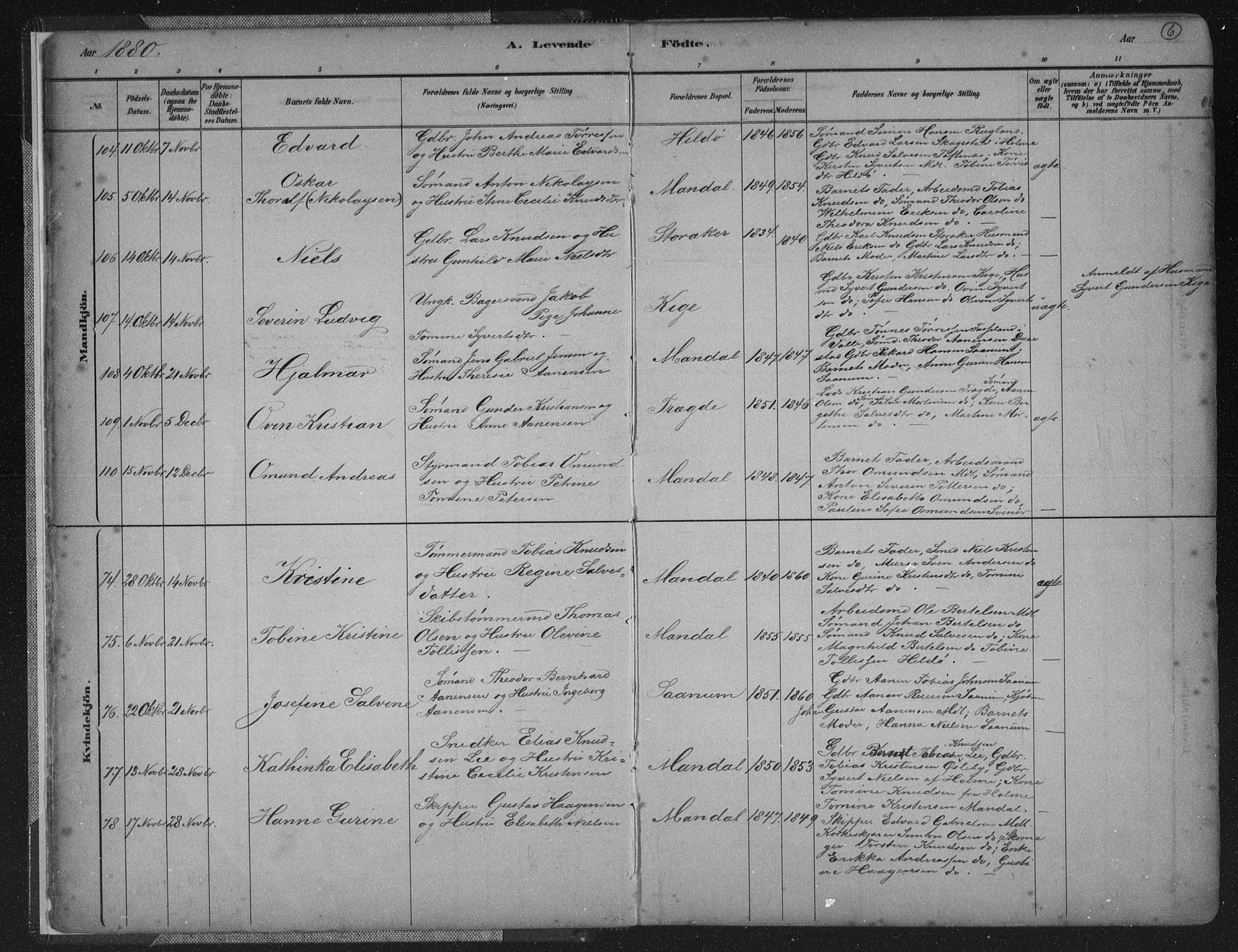 Mandal sokneprestkontor, AV/SAK-1111-0030/F/Fb/Fba/L0011: Parish register (copy) no. B 5, 1880-1898, p. 6