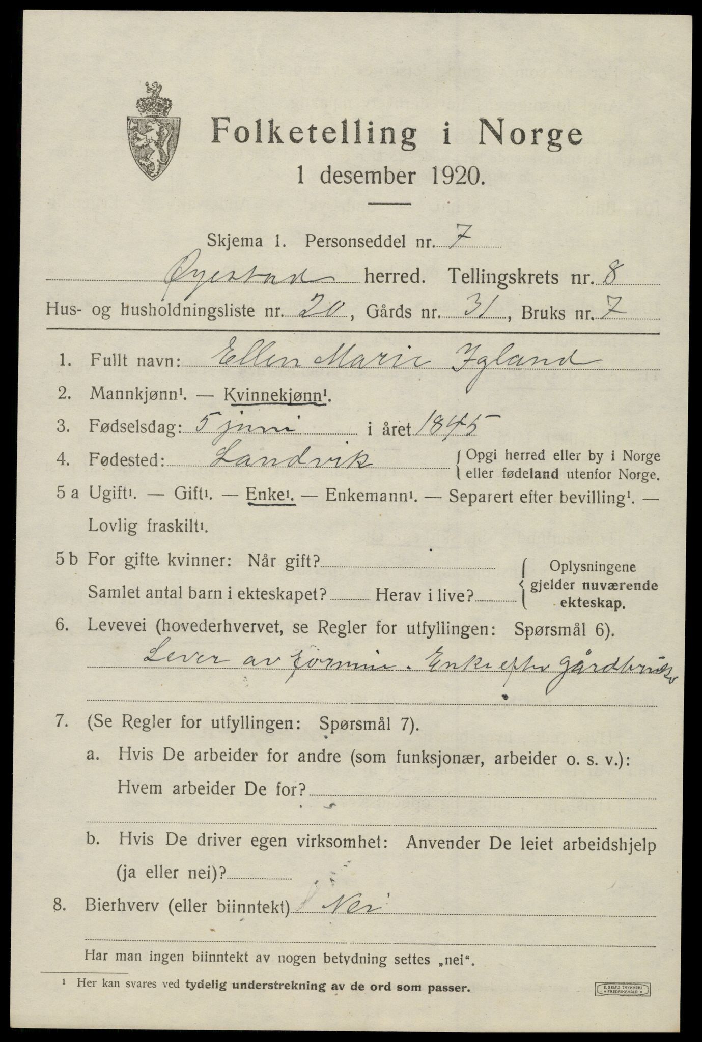 SAK, 1920 census for Øyestad, 1920, p. 5410