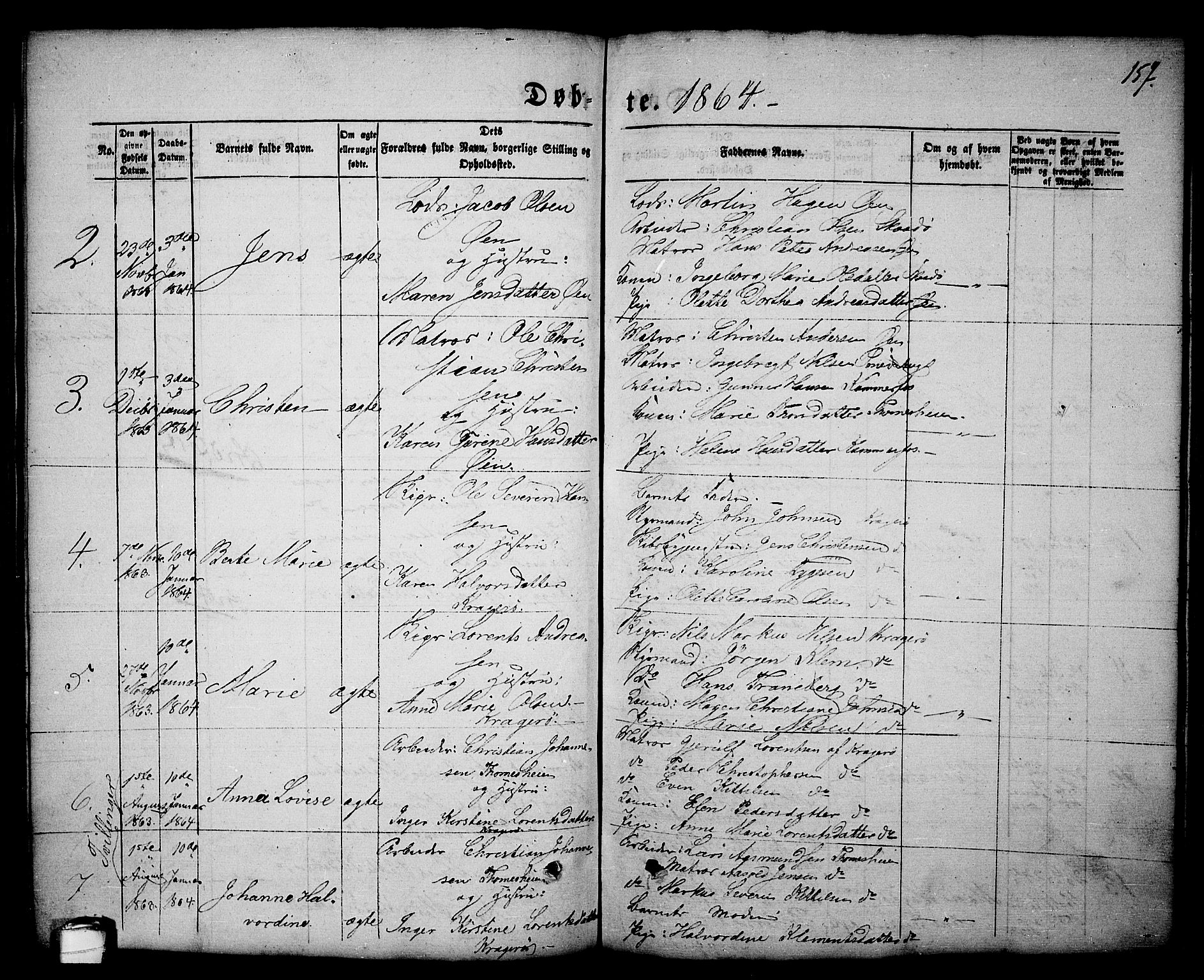 Kragerø kirkebøker, SAKO/A-278/G/Ga/L0004: Parish register (copy) no. 4, 1853-1865, p. 157