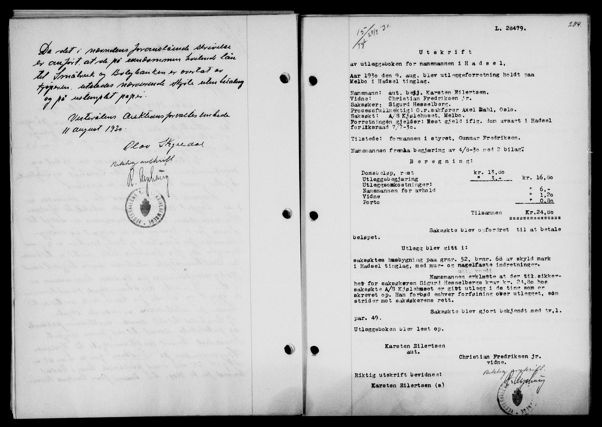 Vesterålen sorenskriveri, SAT/A-4180/1/2/2Ca/L0051: Mortgage book no. 44, 1930-1930, Deed date: 28.08.1930