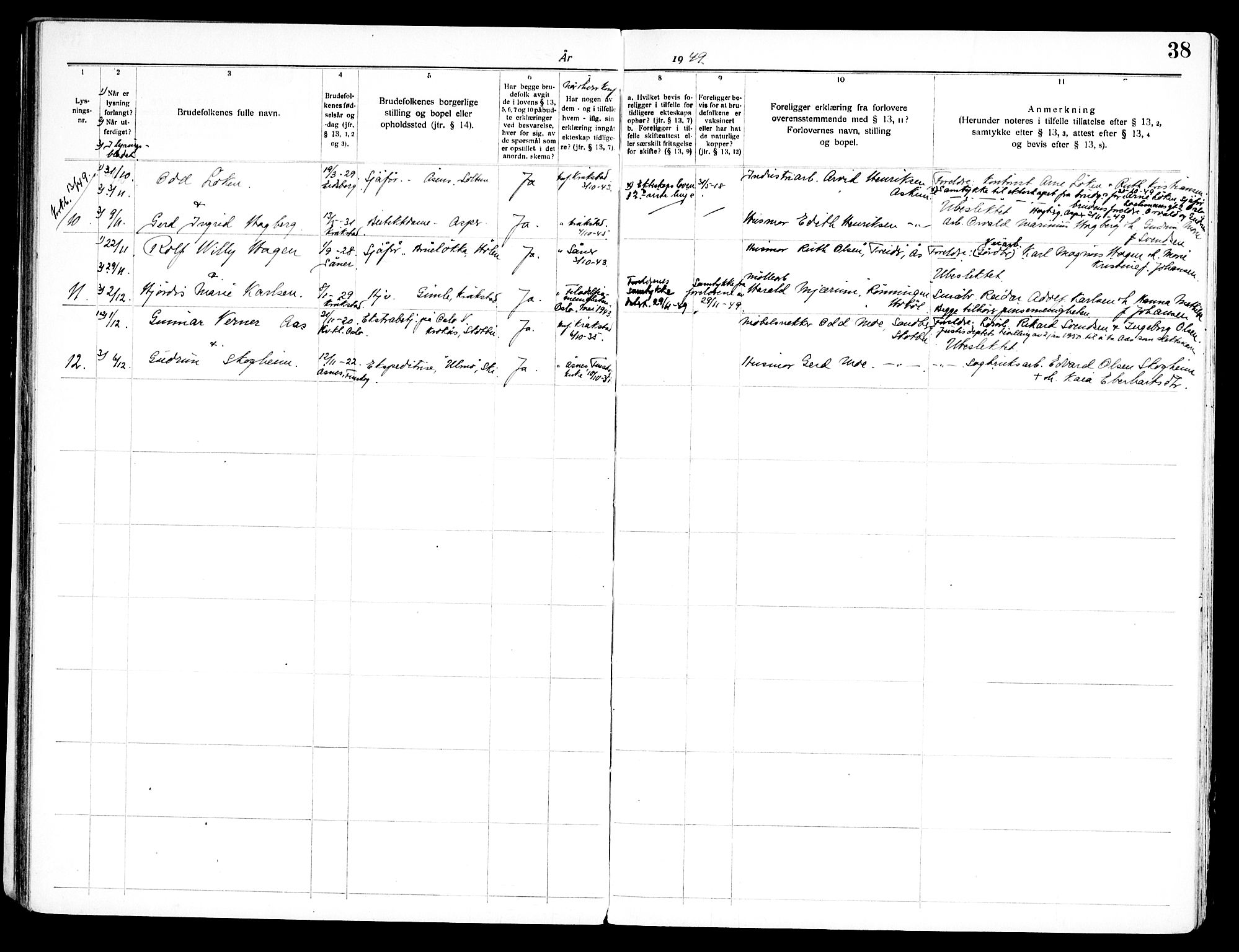 Kråkstad prestekontor Kirkebøker, SAO/A-10125a/H/Ha/L0001: Banns register no. I 1, 1919-1969, p. 38