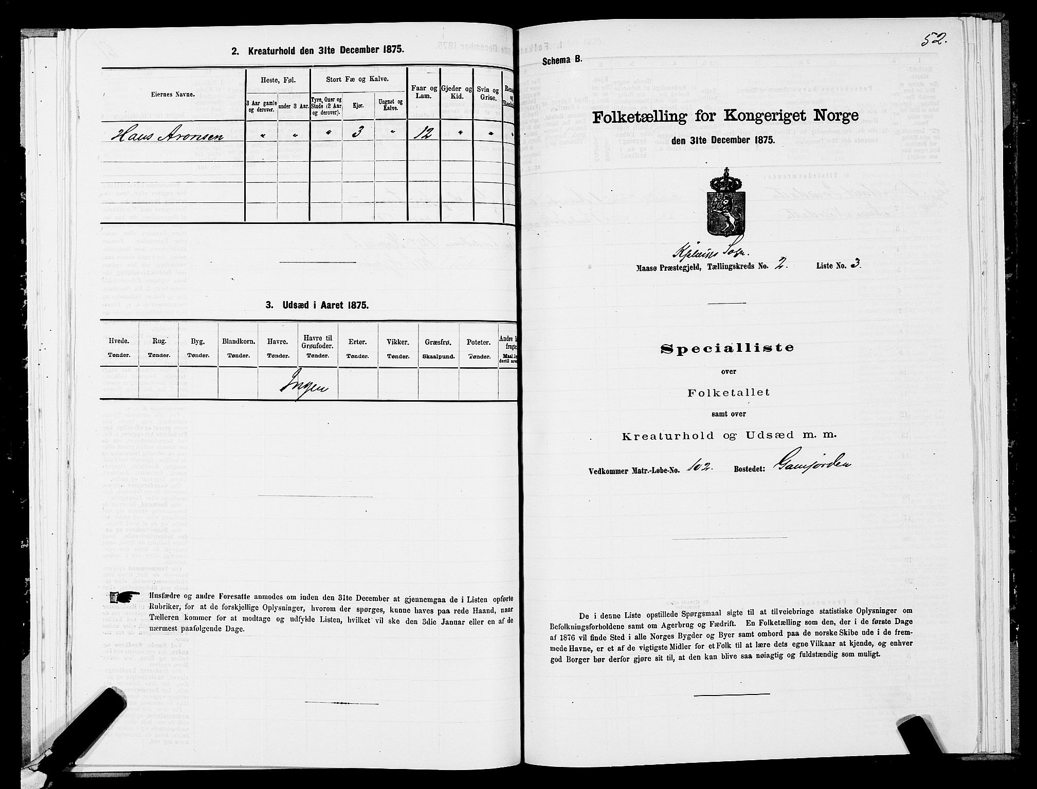 SATØ, 1875 census for 2018P Måsøy, 1875, p. 2052