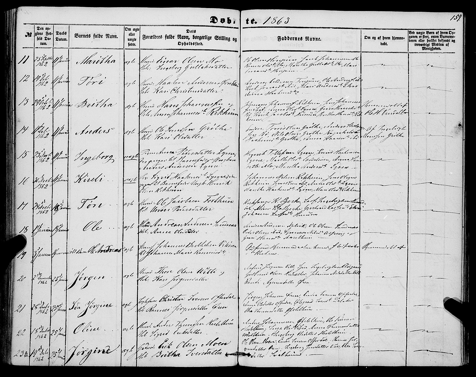 Lærdal sokneprestembete, SAB/A-81201: Parish register (official) no. A 11, 1850-1866, p. 159