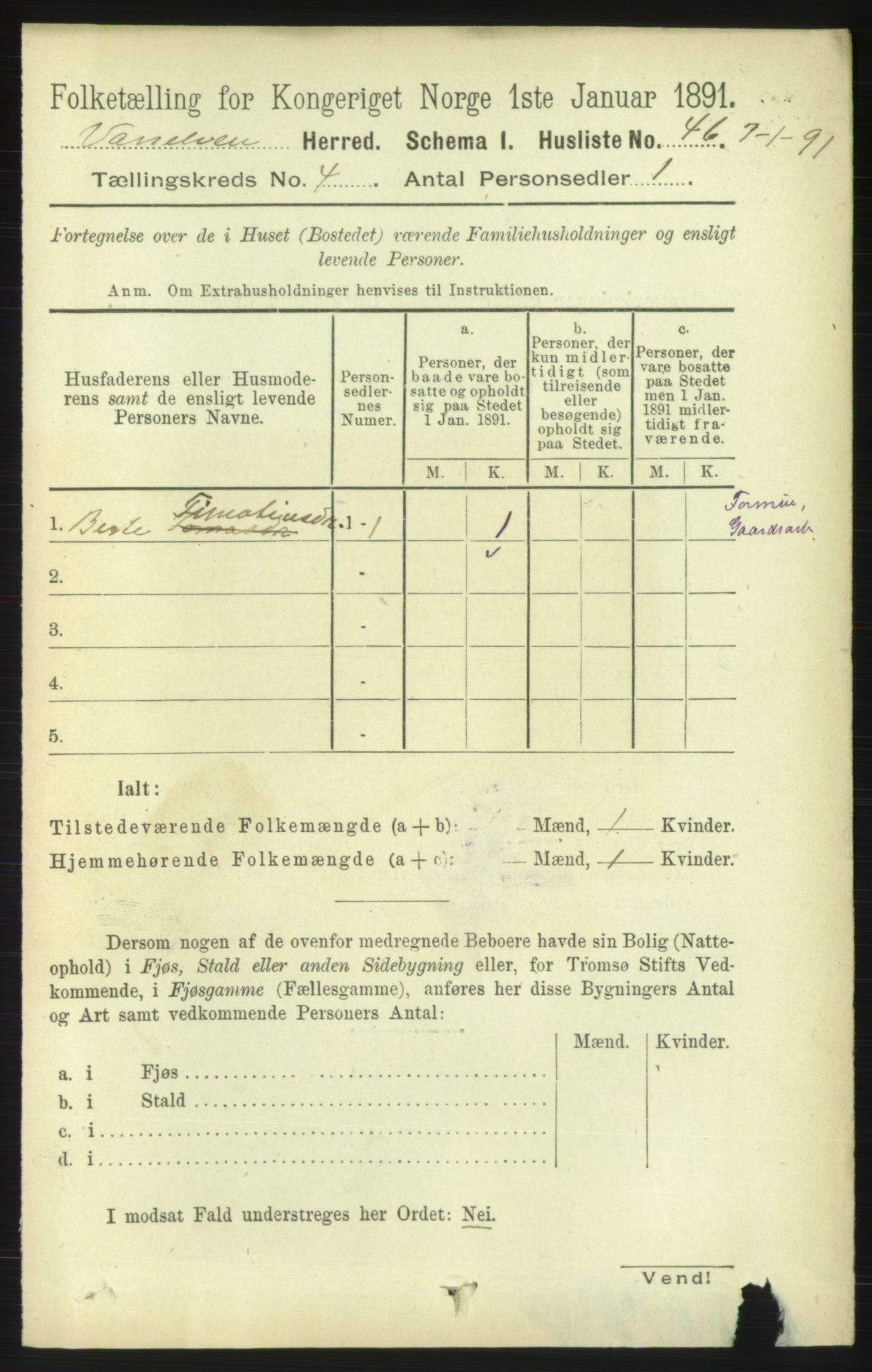 RA, 1891 census for 1511 Vanylven, 1891, p. 1808