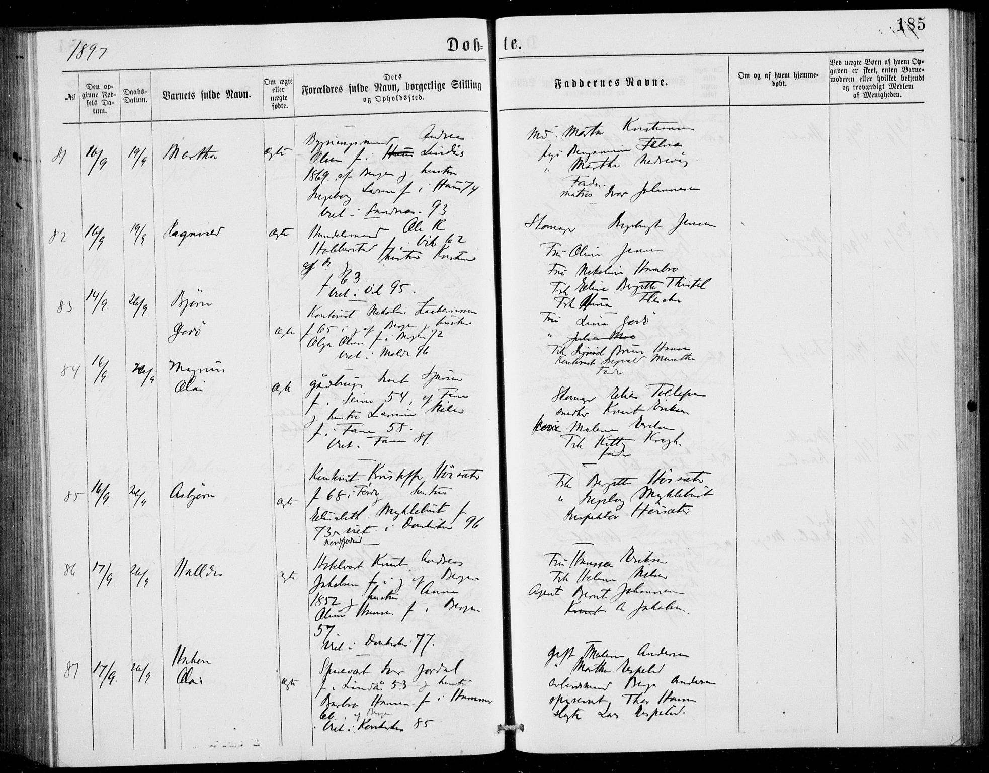 Fødselsstiftelsens sokneprestembete, ført av overlegen*, SAB/-: Parish register (official) no. A 2, 1884-1900, p. 185