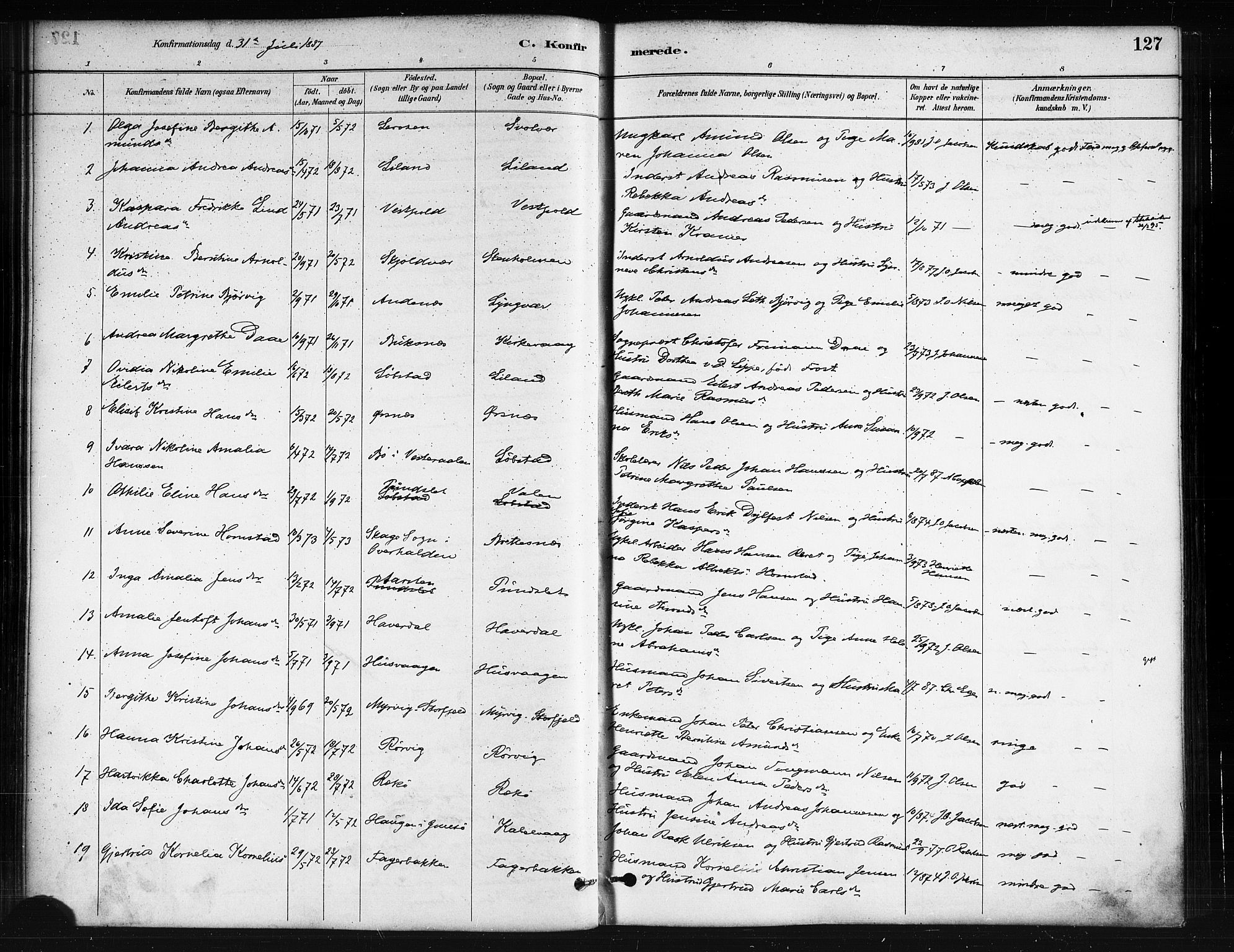 Ministerialprotokoller, klokkerbøker og fødselsregistre - Nordland, AV/SAT-A-1459/874/L1059: Parish register (official) no. 874A03, 1884-1890, p. 127