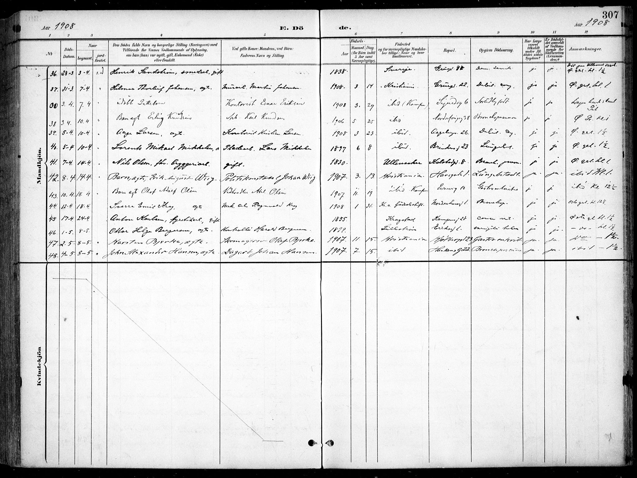 Kampen prestekontor Kirkebøker, SAO/A-10853/F/Fa/L0009: Parish register (official) no. I 9, 1899-1911, p. 307