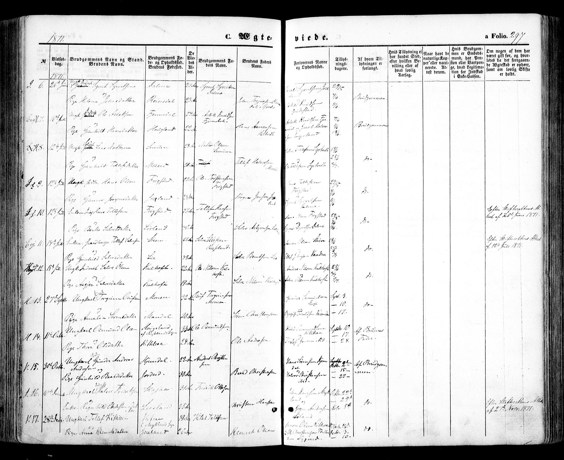 Evje sokneprestkontor, SAK/1111-0008/F/Fa/Faa/L0006: Parish register (official) no. A 6, 1866-1884, p. 297