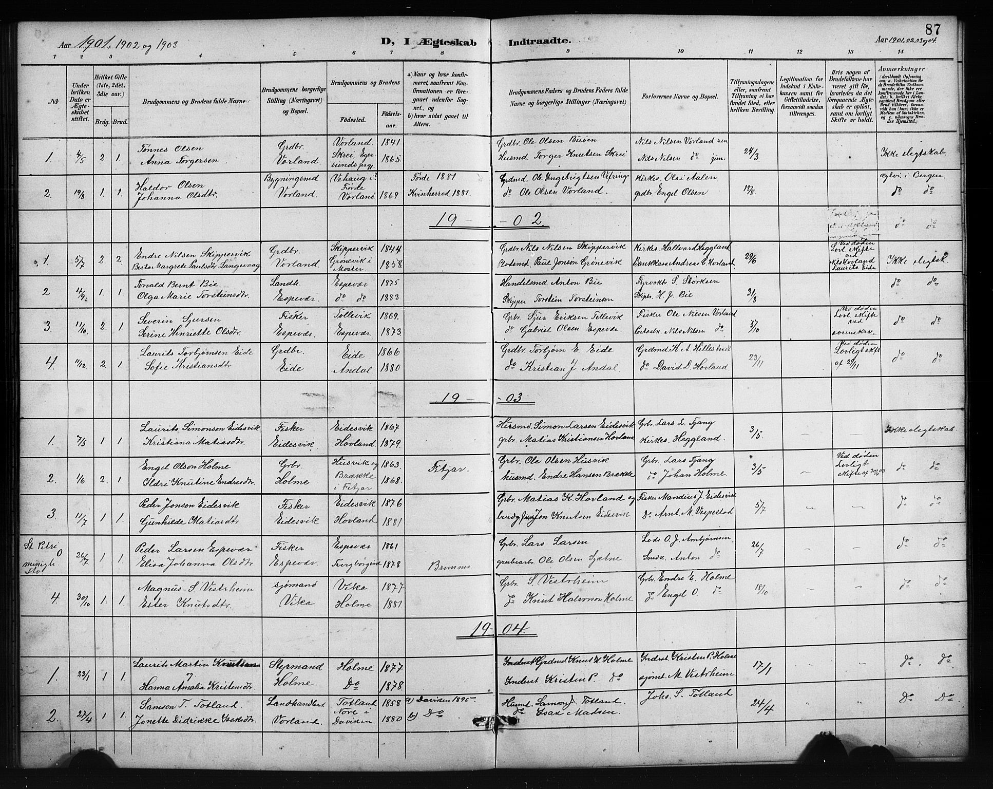 Finnås sokneprestembete, AV/SAB-A-99925/H/Ha/Hab/Habc/L0002: Parish register (copy) no. C 2, 1887-1906, p. 87