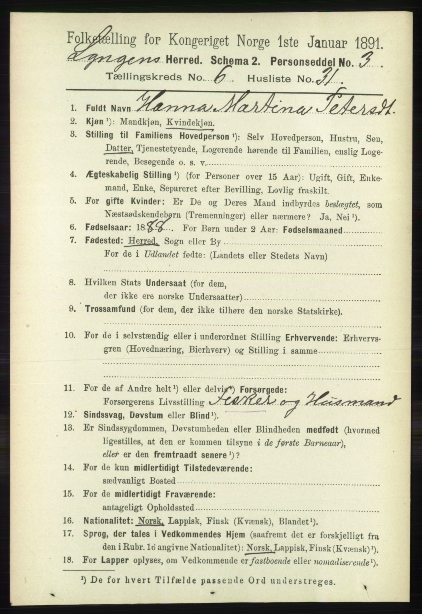 RA, 1891 census for 1938 Lyngen, 1891, p. 5472