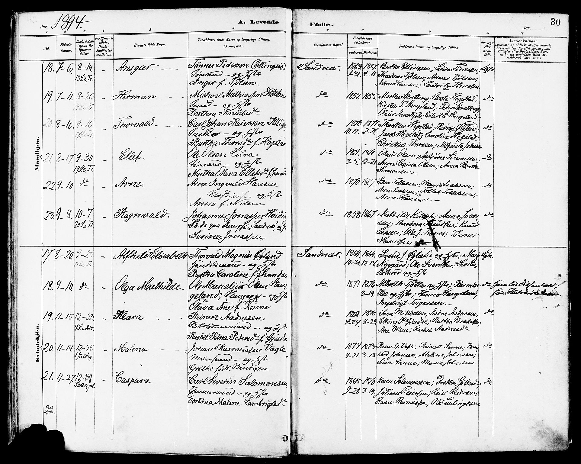 Høyland sokneprestkontor, AV/SAST-A-101799/001/30BA/L0014: Parish register (official) no. A 12, 1890-1898, p. 30