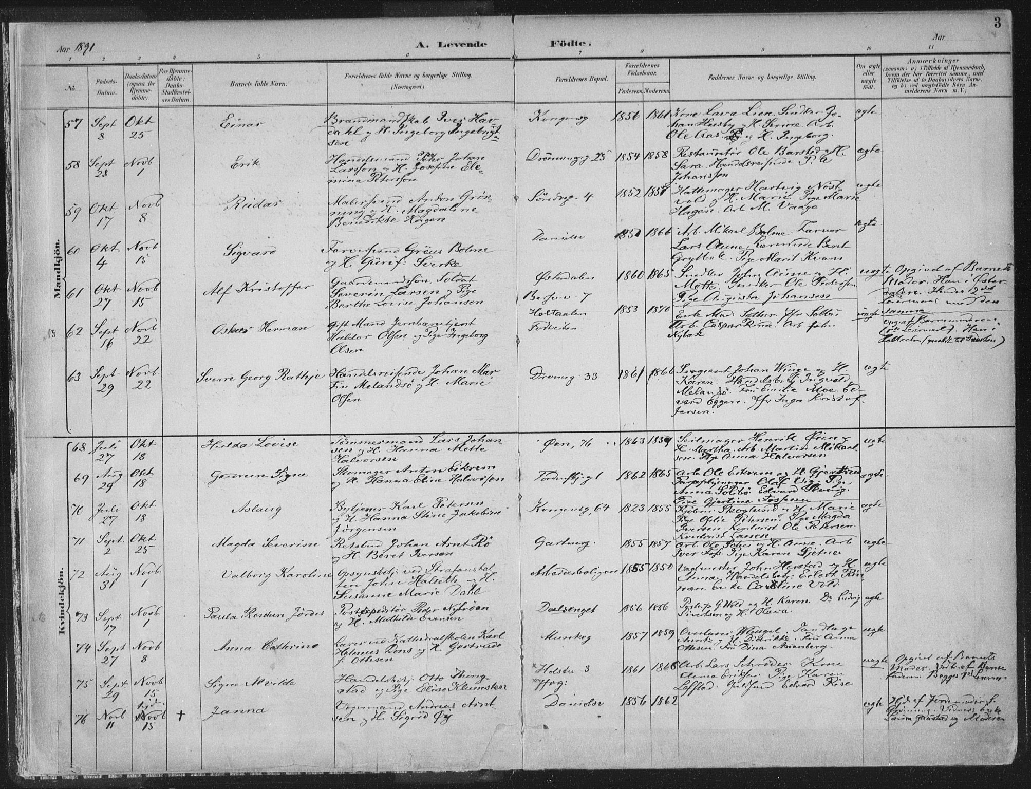 Ministerialprotokoller, klokkerbøker og fødselsregistre - Sør-Trøndelag, SAT/A-1456/601/L0062: Parish register (official) no. 601A30, 1891-1911, p. 3