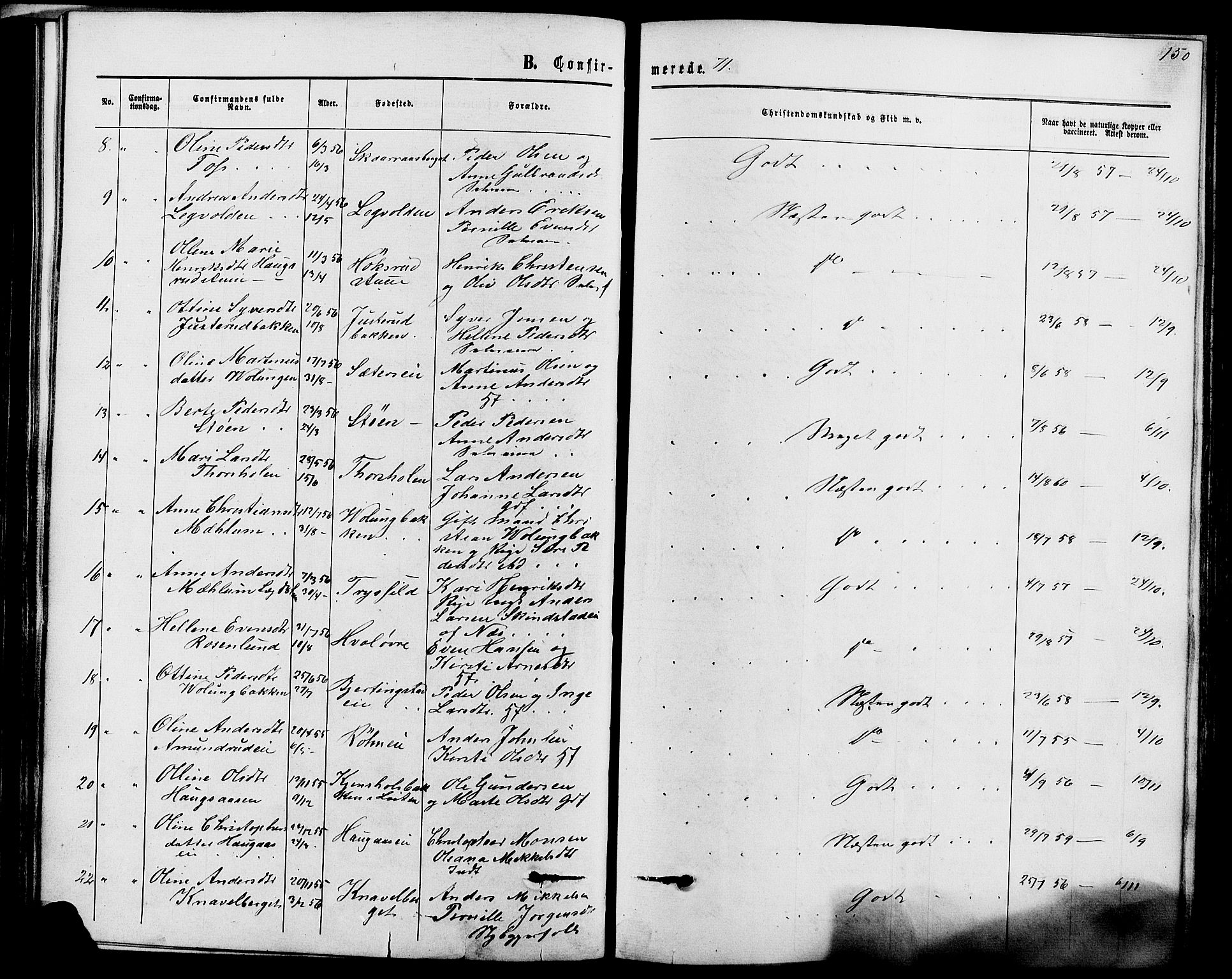 Romedal prestekontor, AV/SAH-PREST-004/K/L0006: Parish register (official) no. 6, 1866-1886, p. 150