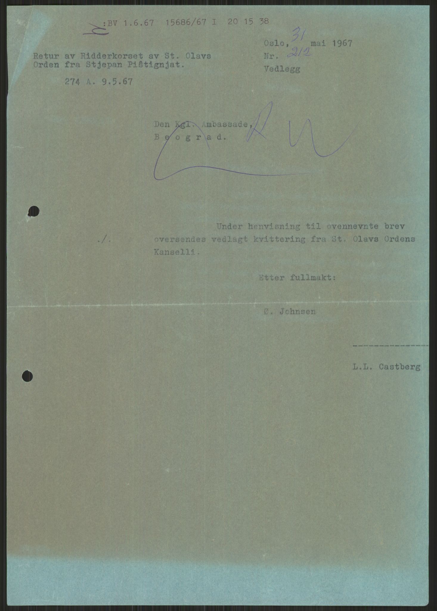 Utenriksdepartementet, hovedarkiv, AV/RA-S-6794/D/Da/Daa/L0542: Ordensvesen. Statsoverhoders og fyrsters jubiléer og begravelser. Ordensvesen. Statsoverhoders og fyrsters jubiléer og begravelser. Statsjubiléer. Fyrstebesøk (utvekslinger). Flåtebesøk (utvekslinger), 1960-1969, p. 27