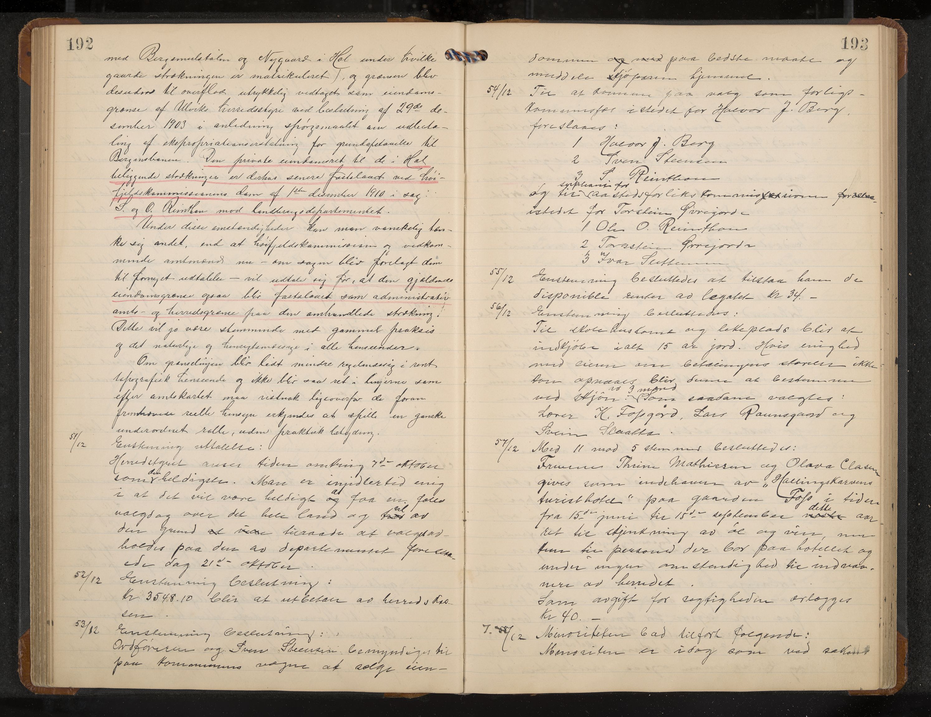 Hol formannskap og sentraladministrasjon, IKAK/0620021-1/A/L0005: Møtebok, 1909-1915, p. 192-193