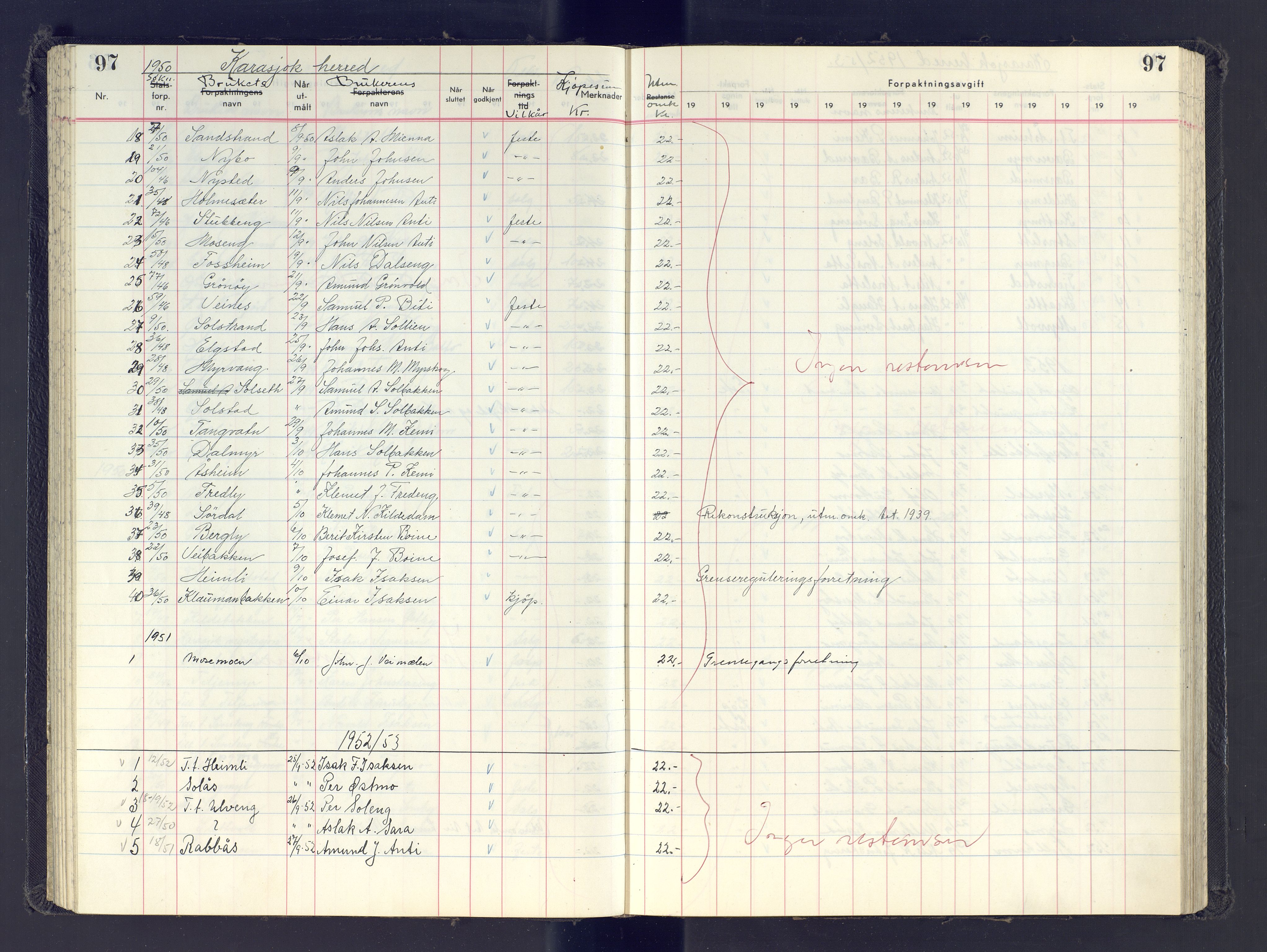 Finnmark jordsalgskommisjon/jordsalgskontor og Statskog SF Finnmark jordsalgskontor, AV/SATØ-S-1443/J/Jb/L0001: Protokoll for salg og forpaktning, 1948-1958, p. 97