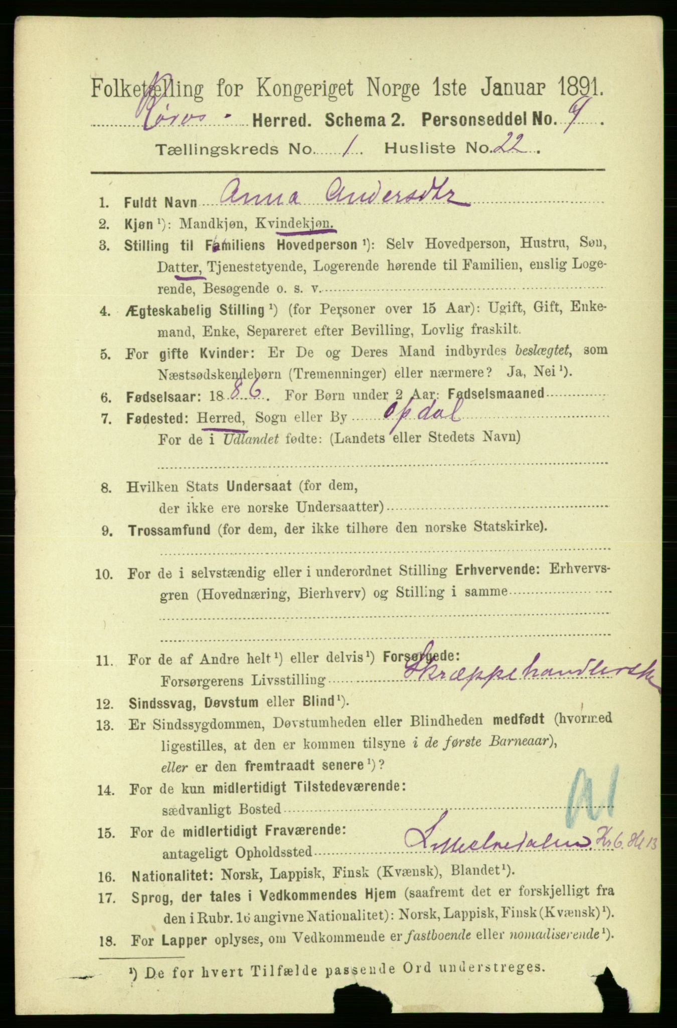 RA, 1891 census for 1640 Røros, 1891, p. 223