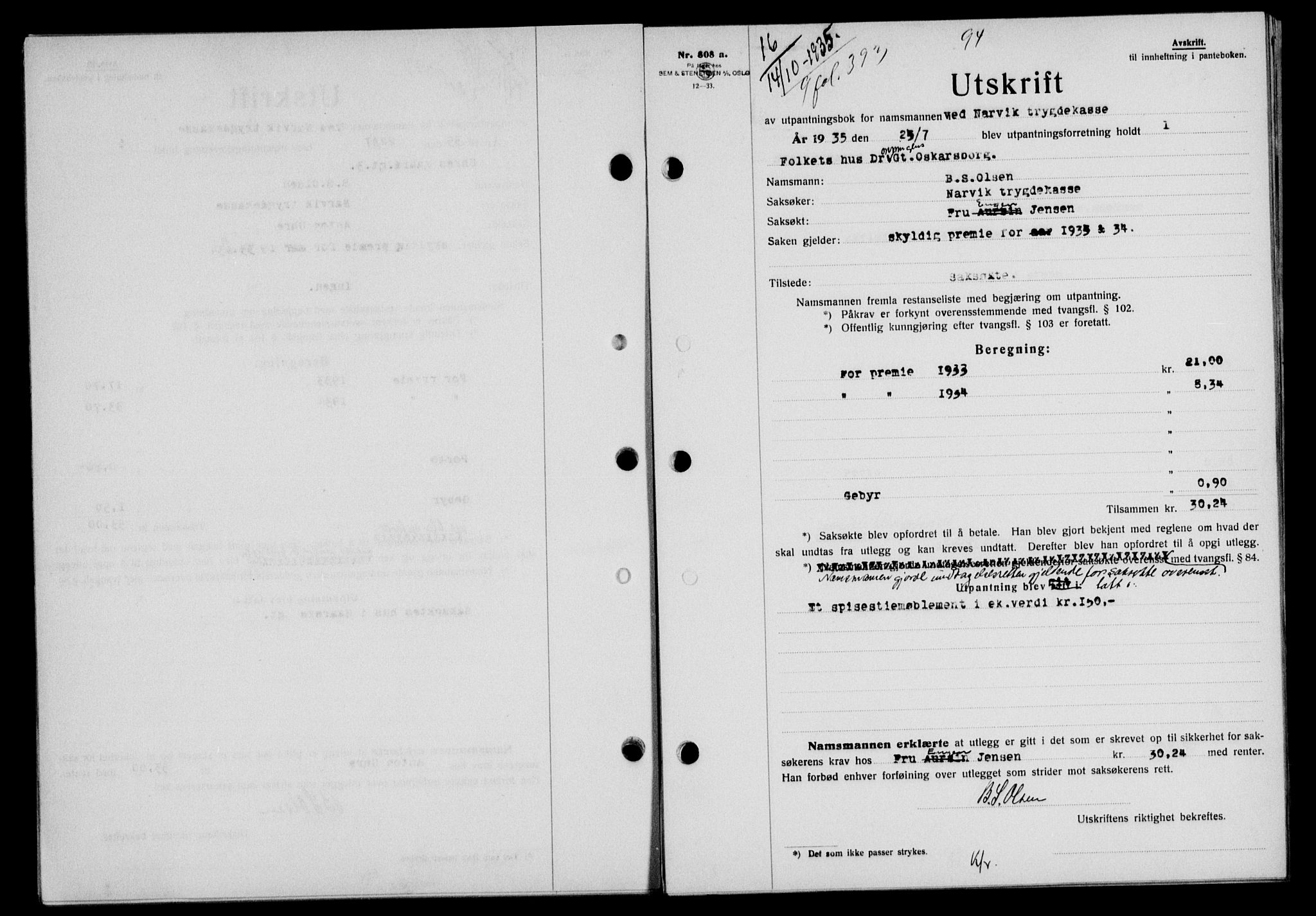 Narvik sorenskriveri, SAT/A-0002/1/2/2C/2Ca/L0011: Mortgage book no. 14, 1935-1937, Deed date: 14.10.1935