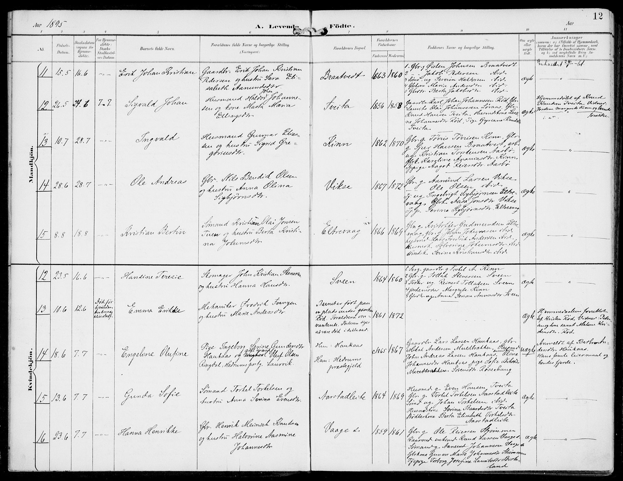 Sveio Sokneprestembete, AV/SAB-A-78501/H/Haa: Parish register (official) no. B  3, 1894-1906, p. 12