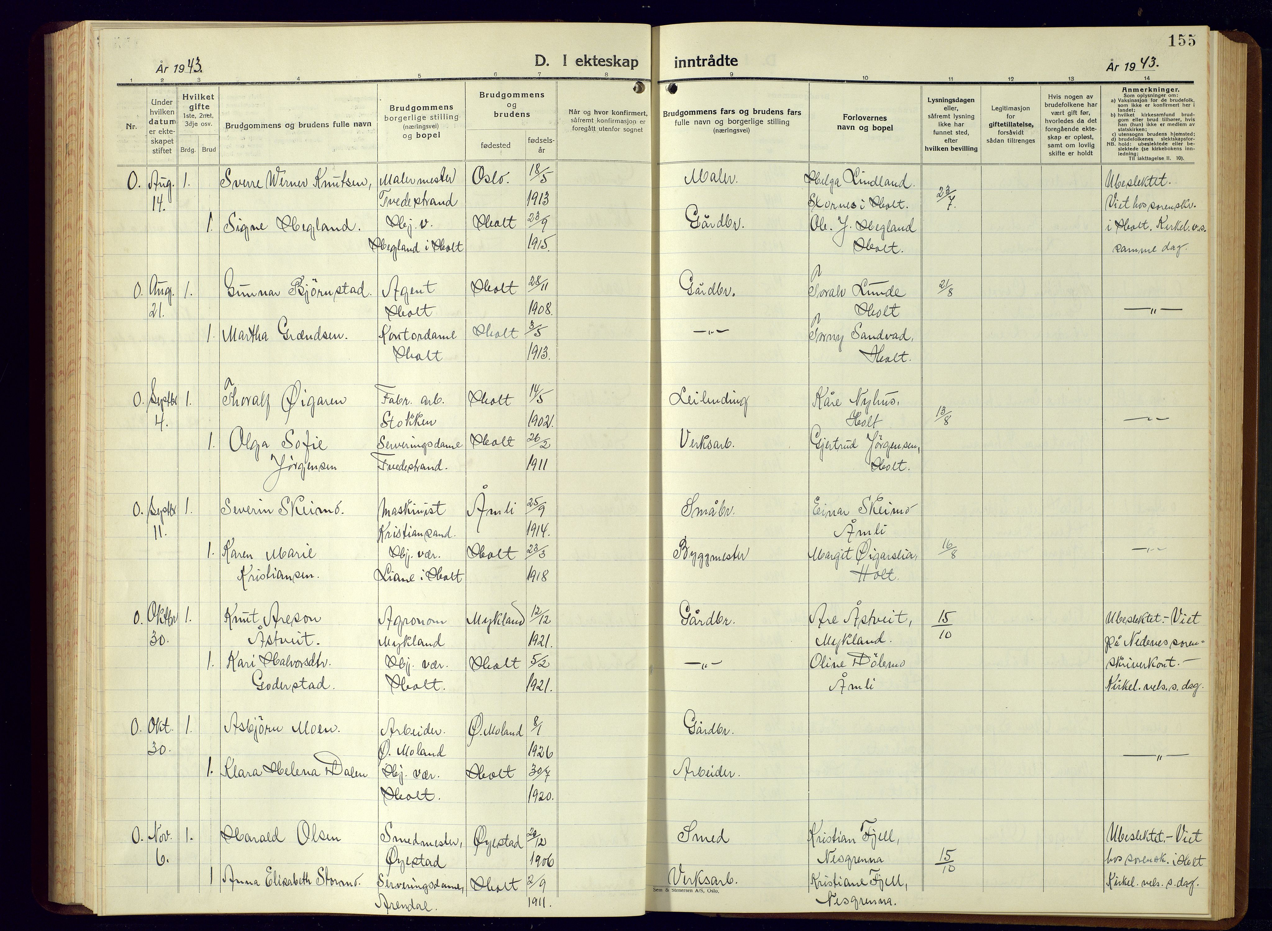 Holt sokneprestkontor, AV/SAK-1111-0021/F/Fb/L0013: Parish register (copy) no. B-13, 1940-1958, p. 155