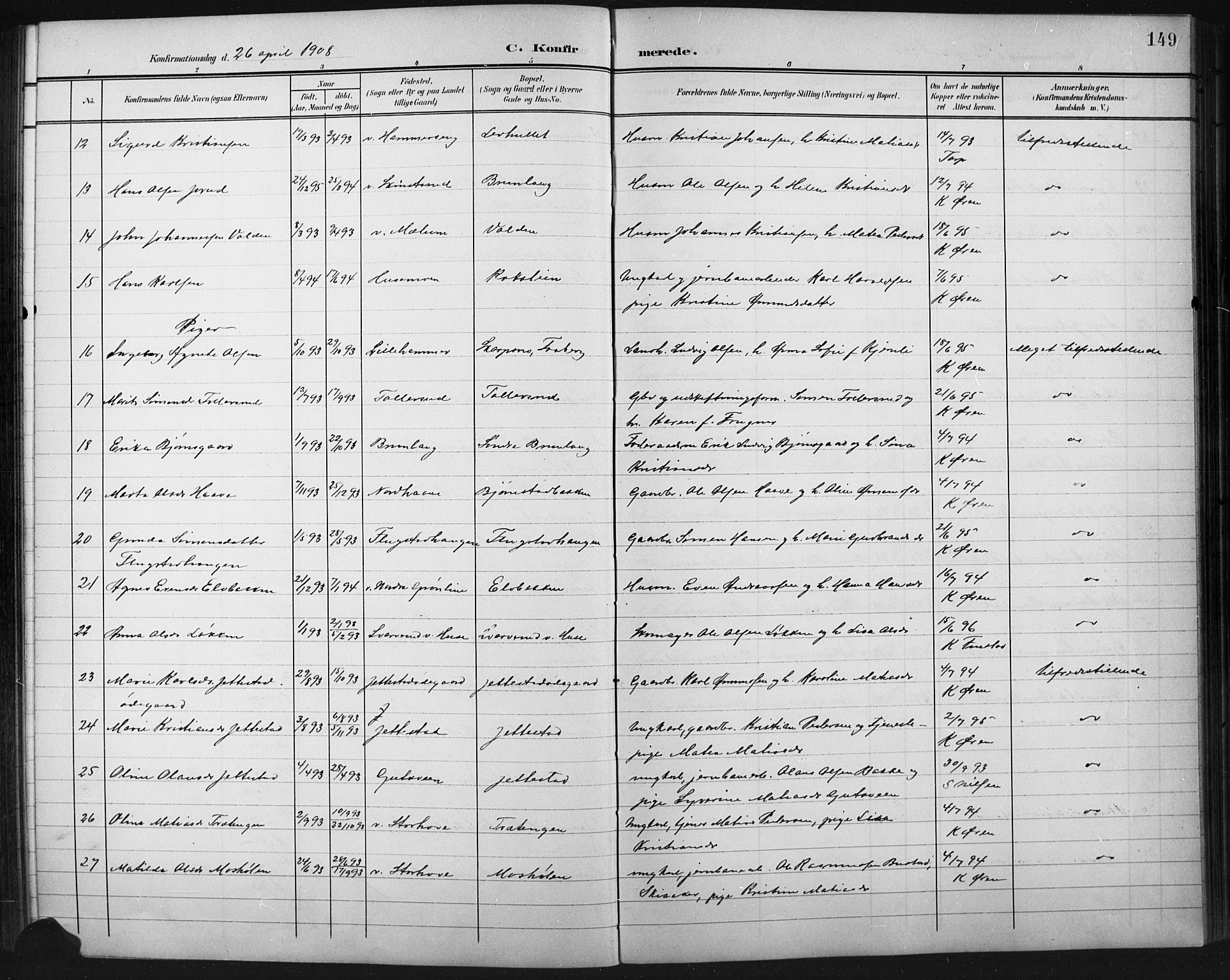 Fåberg prestekontor, SAH/PREST-086/H/Ha/Hab/L0011: Parish register (copy) no. 11, 1901-1921, p. 149