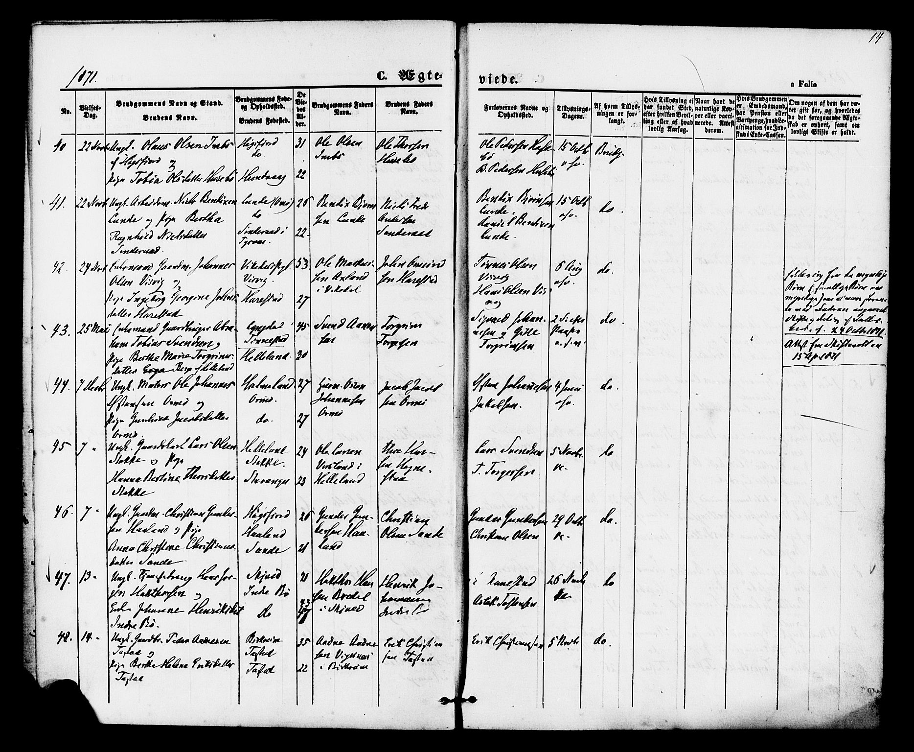 Hetland sokneprestkontor, AV/SAST-A-101826/30/30BA/L0005: Parish register (official) no. A 5, 1869-1884, p. 14