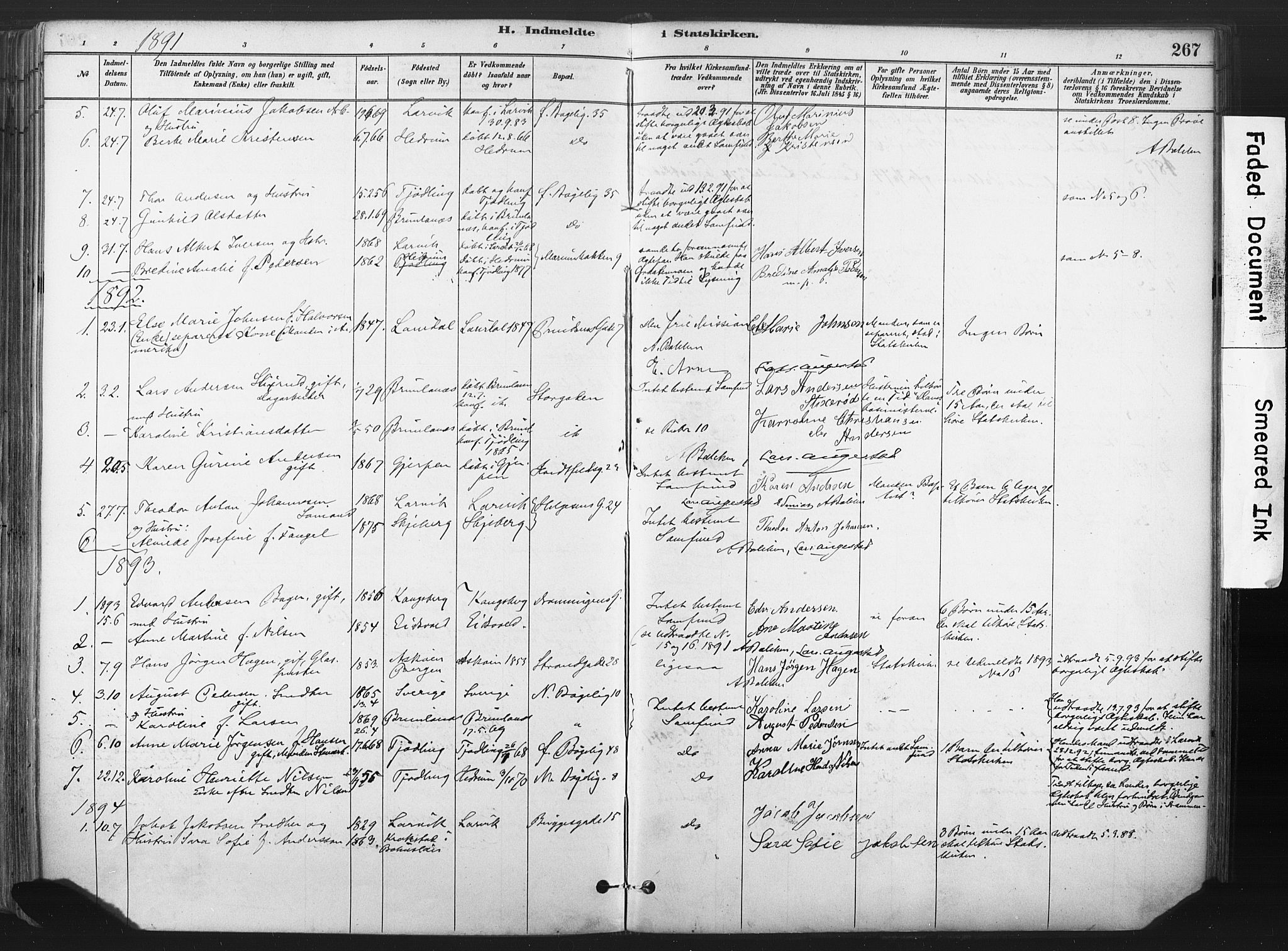 Larvik kirkebøker, SAKO/A-352/F/Fa/L0010: Parish register (official) no. I 10, 1884-1910, p. 267