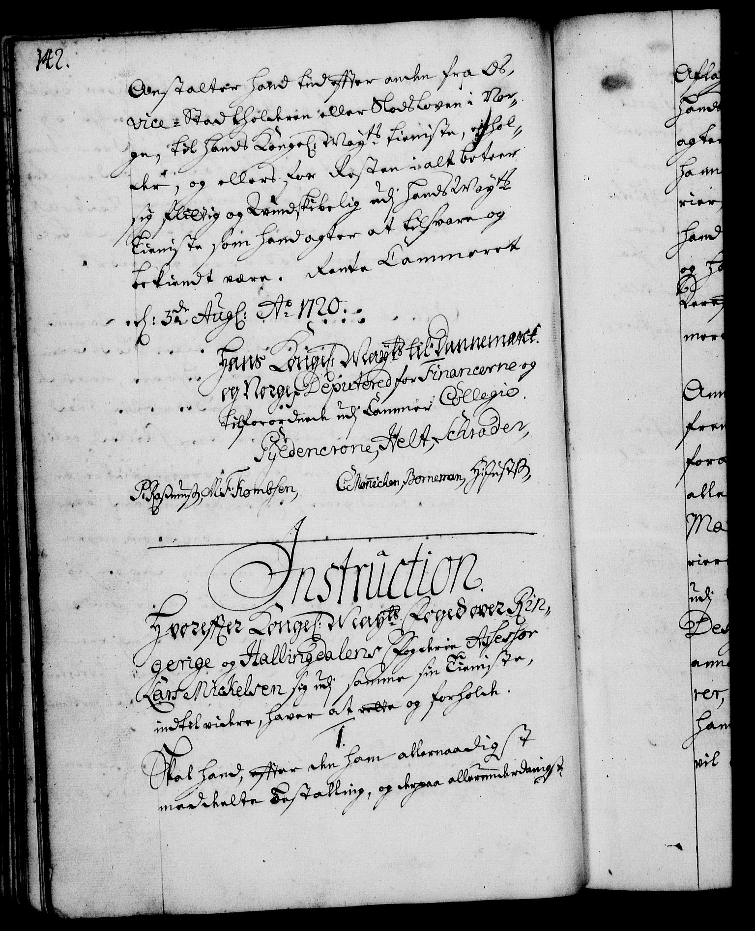 Rentekammeret, Kammerkanselliet, RA/EA-3111/G/Gg/Ggi/L0001: Norsk instruksjonsprotokoll med register (merket RK 53.34), 1720-1729, p. 142