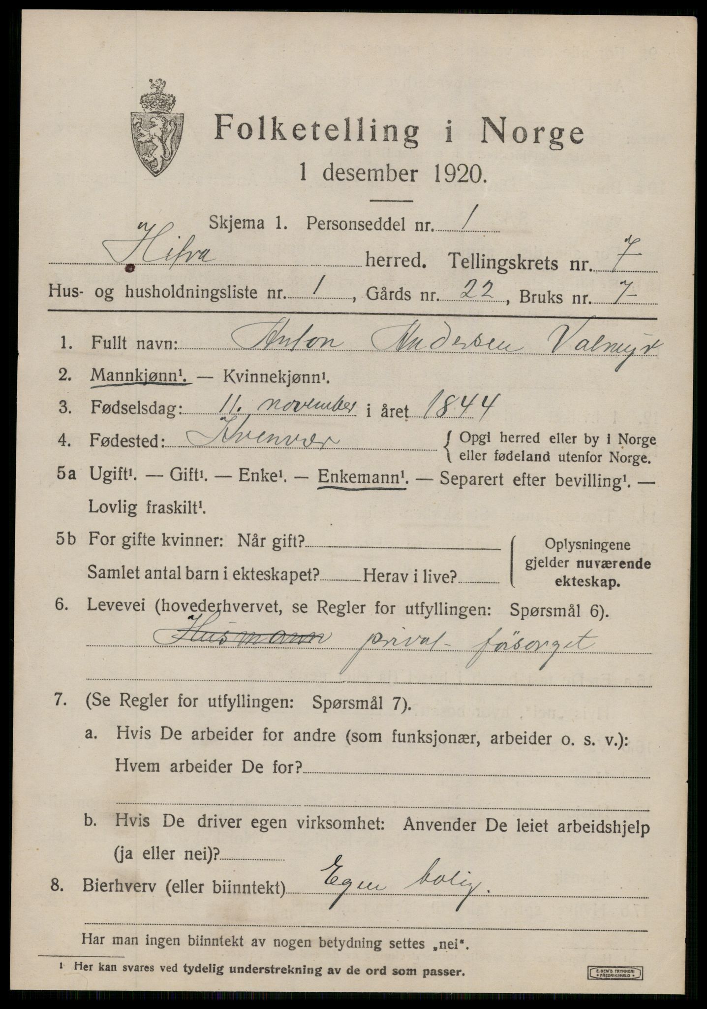 SAT, 1920 census for Hitra, 1920, p. 2095