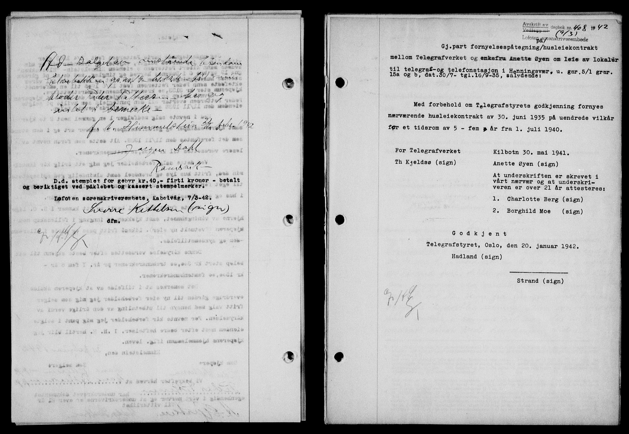 Lofoten sorenskriveri, SAT/A-0017/1/2/2C/L0009a: Mortgage book no. 9a, 1941-1942, Diary no: : 408/1942