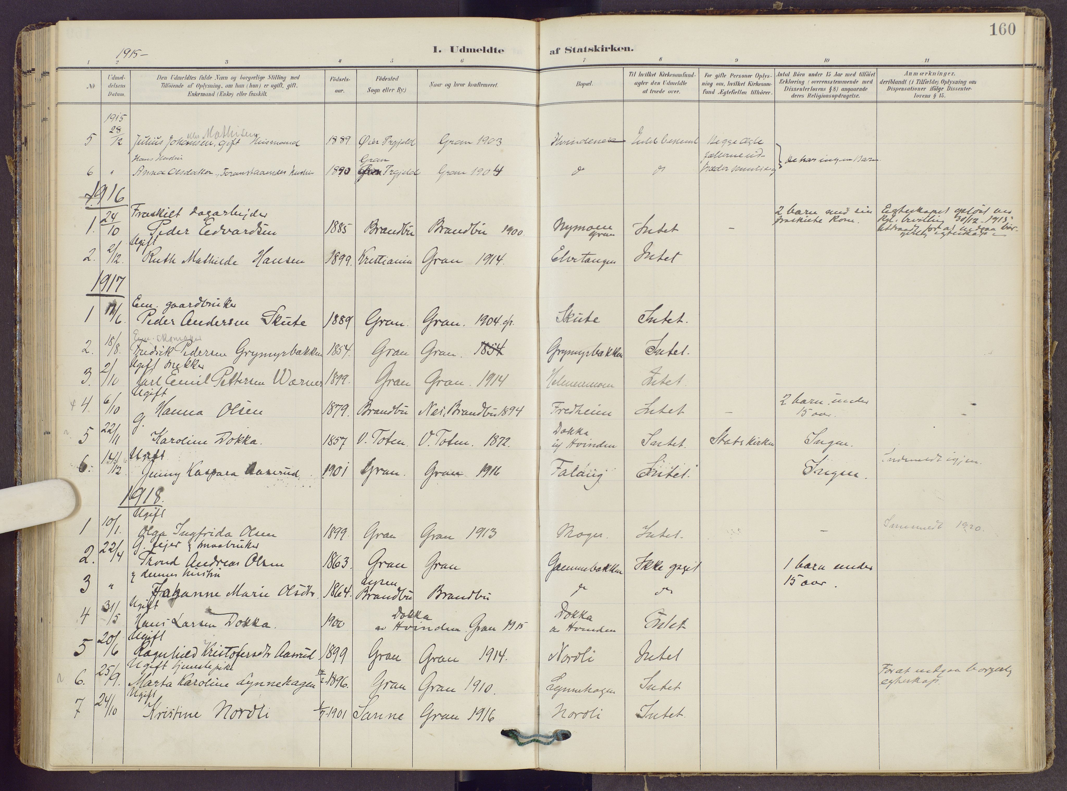 Gran prestekontor, SAH/PREST-112/H/Ha/Haa/L0022: Parish register (official) no. 22, 1908-1918, p. 160