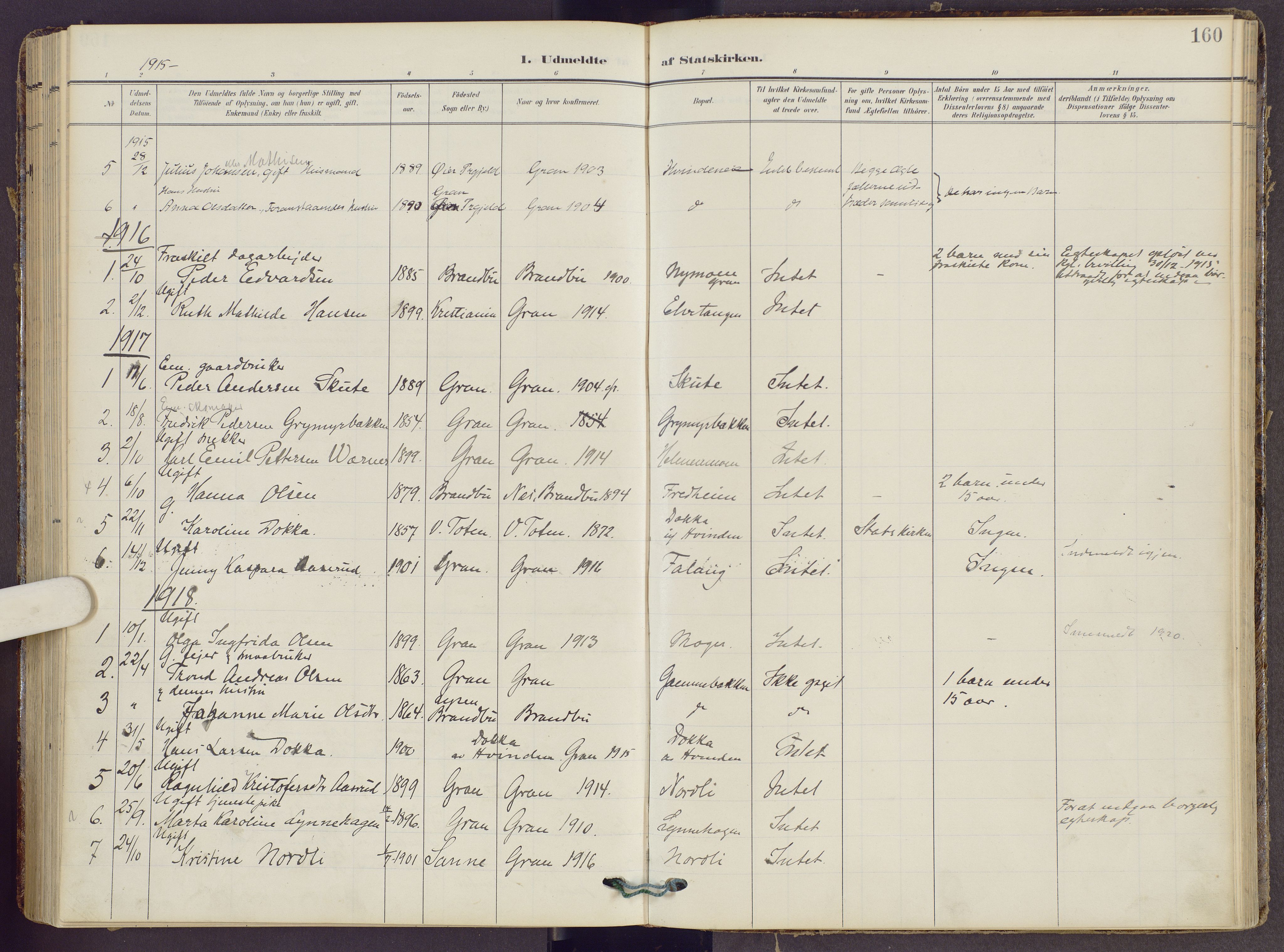 Gran prestekontor, AV/SAH-PREST-112/H/Ha/Haa/L0022: Parish register (official) no. 22, 1908-1918, p. 160