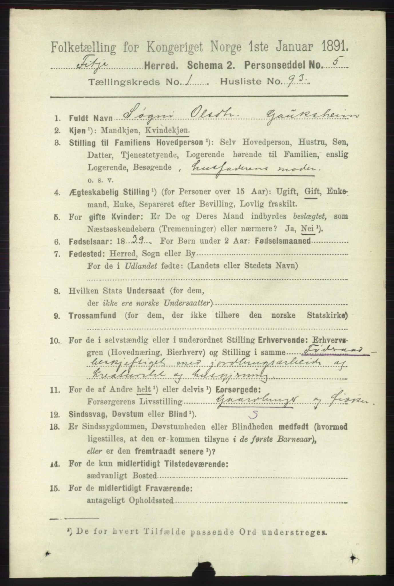 RA, 1891 census for 1222 Fitjar, 1891, p. 574